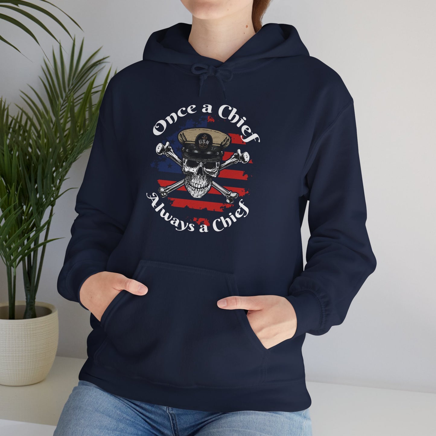 Once a Chief CPO Skull & Crossbones Sailor on Distressed USA Flag Unisex Heavy Blend™ Hooded Sweatshirt