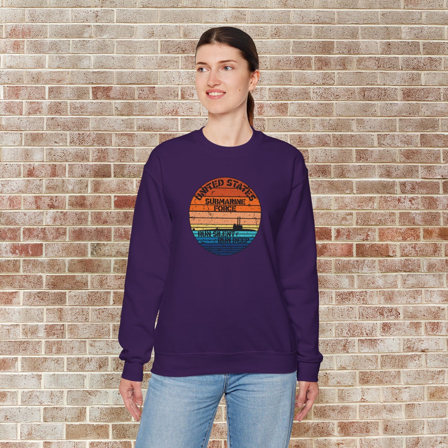 Sunset United States Navy Submarine Force Run Silent Deep Distressed Vintage Unisex Heavy Blend™ Crewneck Sweatshirt