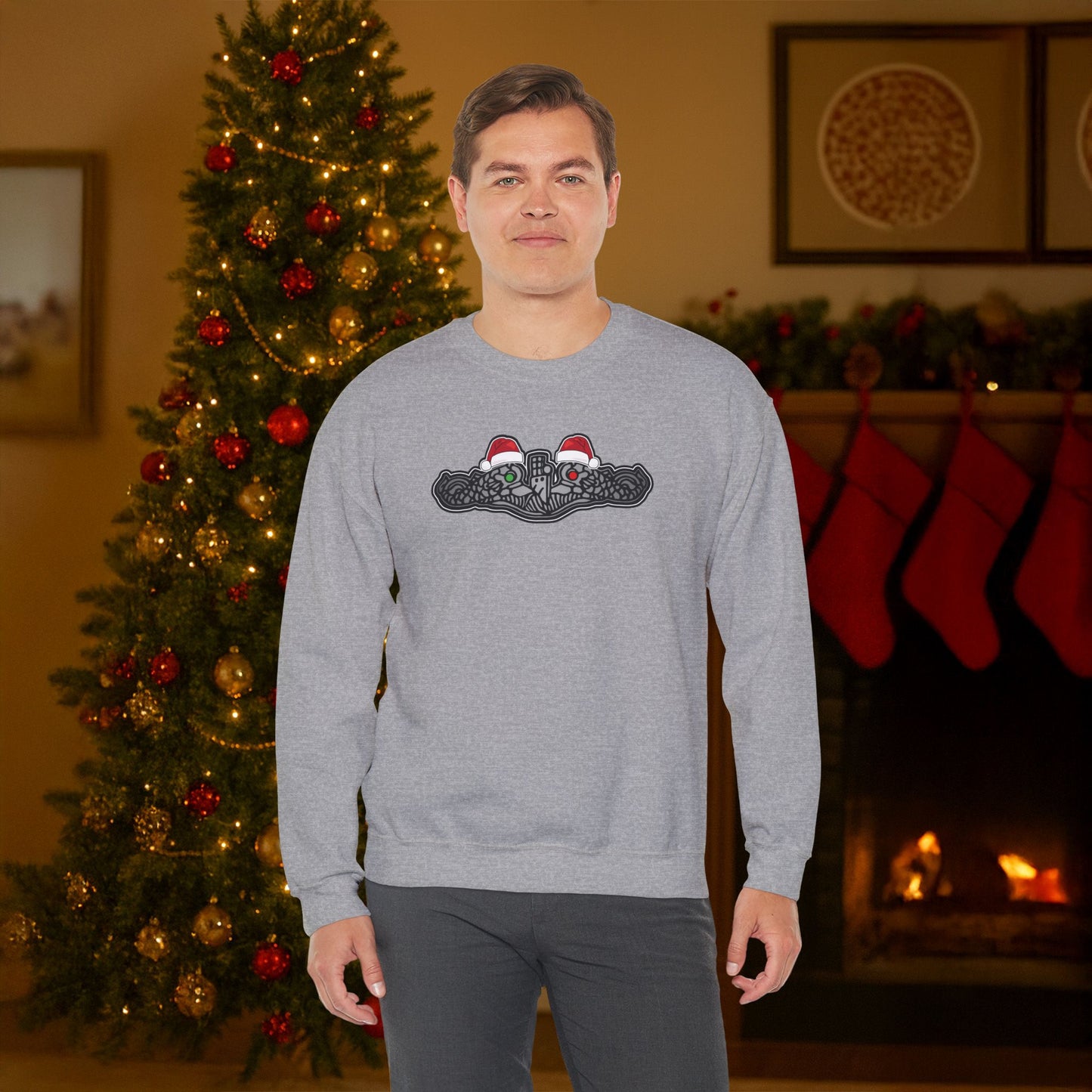 United States Submarine Force Silver Dolphins Christmas Santa Hats with Red and Green Eyes Unisex Heavy Blend™ Crewneck Sweatshirt