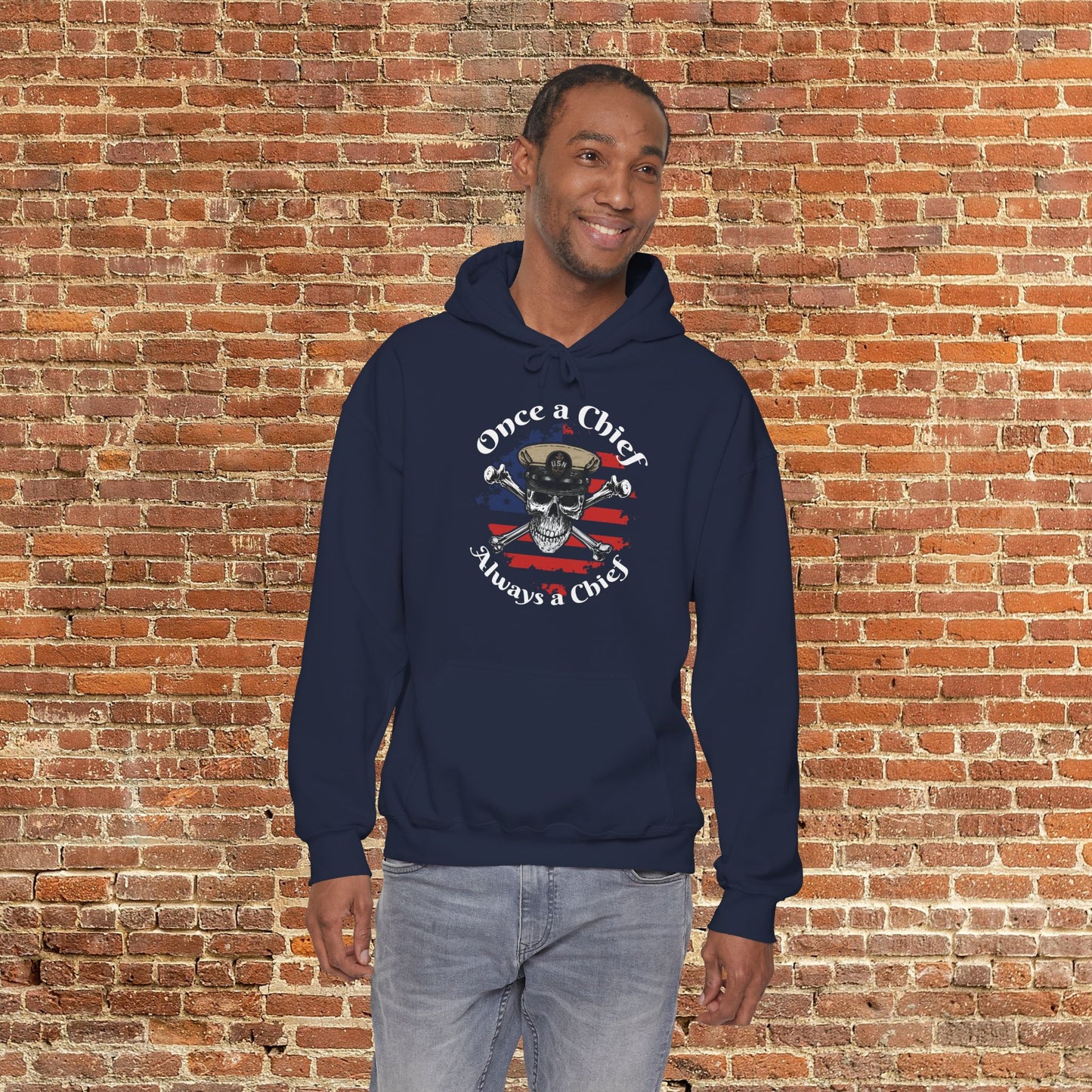 Once a Chief CPO Skull & Crossbones Sailor on Distressed USA Flag Unisex Heavy Blend™ Hooded Sweatshirt