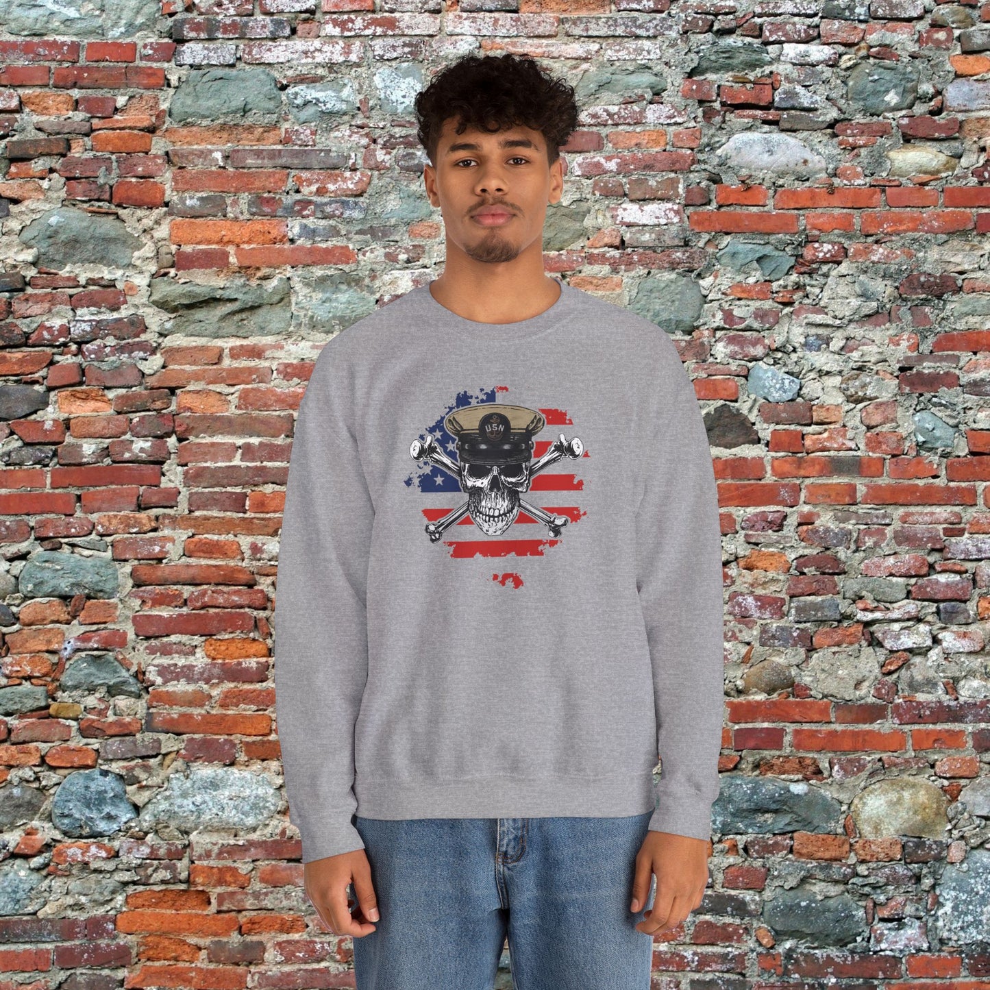 Naval Chief Skull & Crossbones CPO on Distressed American Flag Unisex Heavy Blend™ Crewneck Sweatshirt