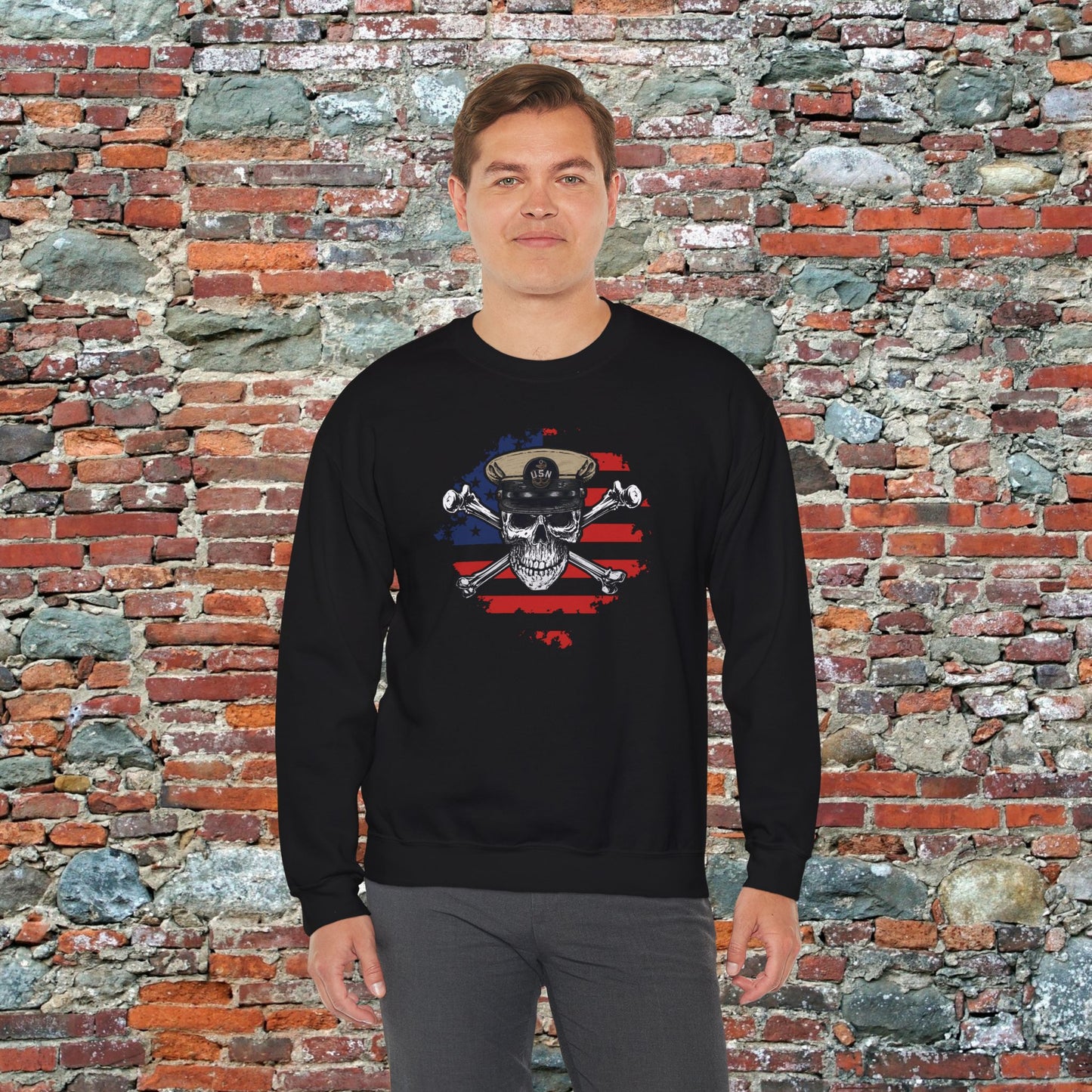 Naval Chief Skull & Crossbones CPO on Distressed American Flag Unisex Heavy Blend™ Crewneck Sweatshirt