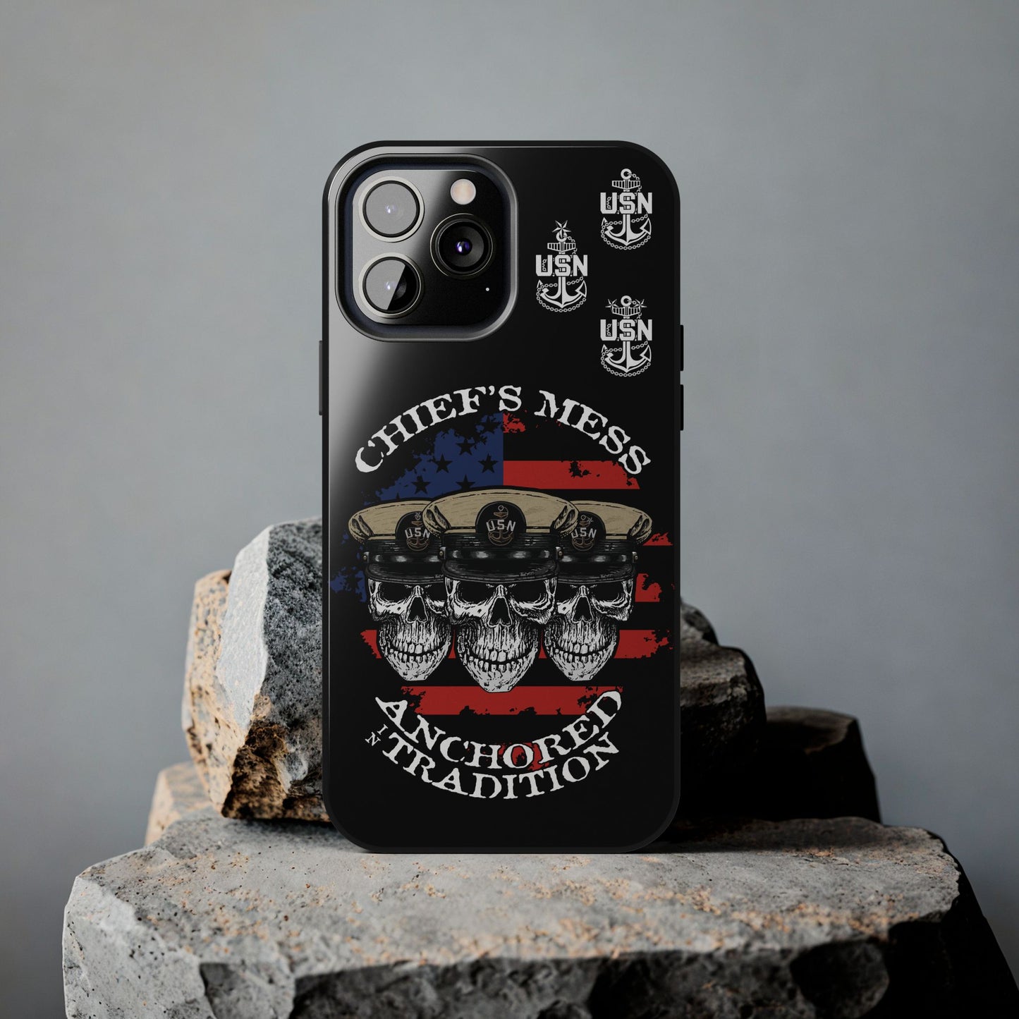Chief's Mess Anchored Tradition CPO Sailor Skulls on Distressed USA Flag Black Tough iPhone Case
