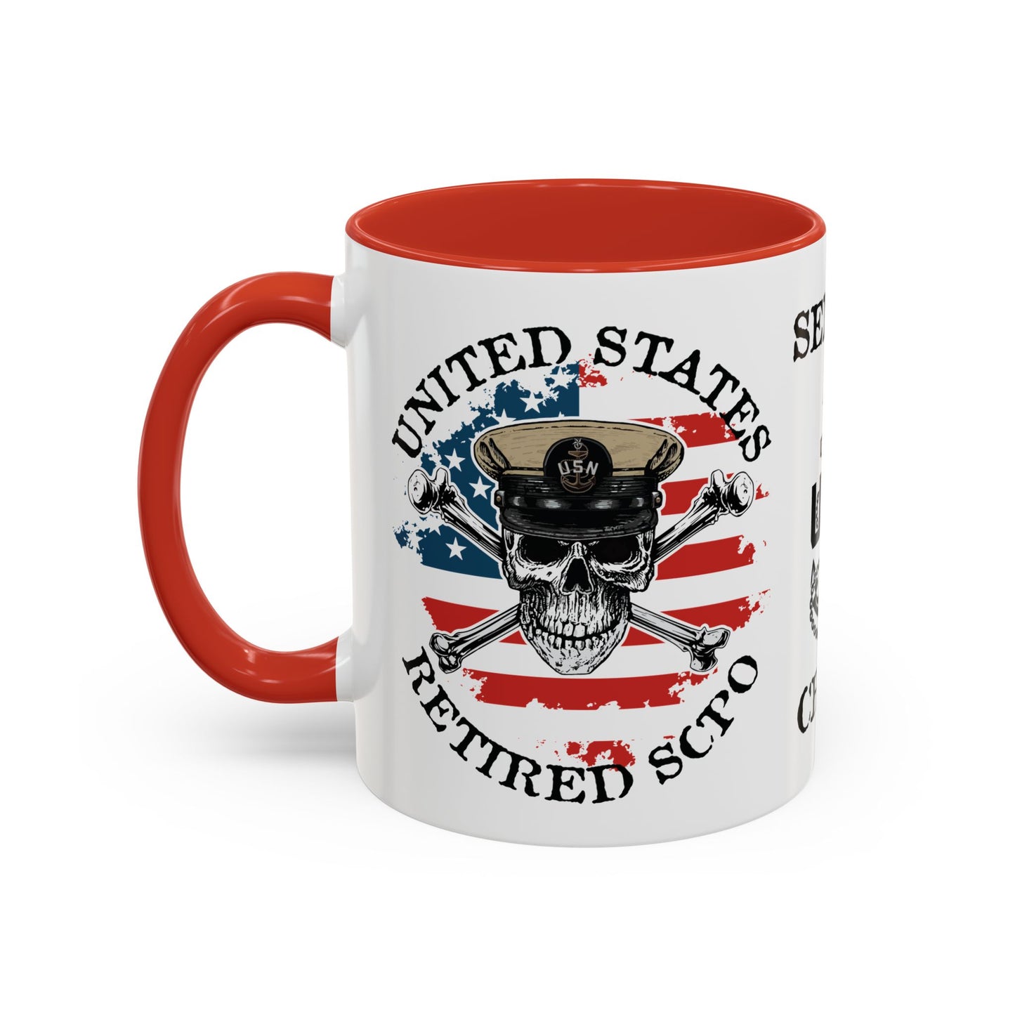 United States Navy Retired SCPO Skull Crossbones Senior Chief Petty Officer Anchor with Distressed USA Flag Accent Coffee Mugs