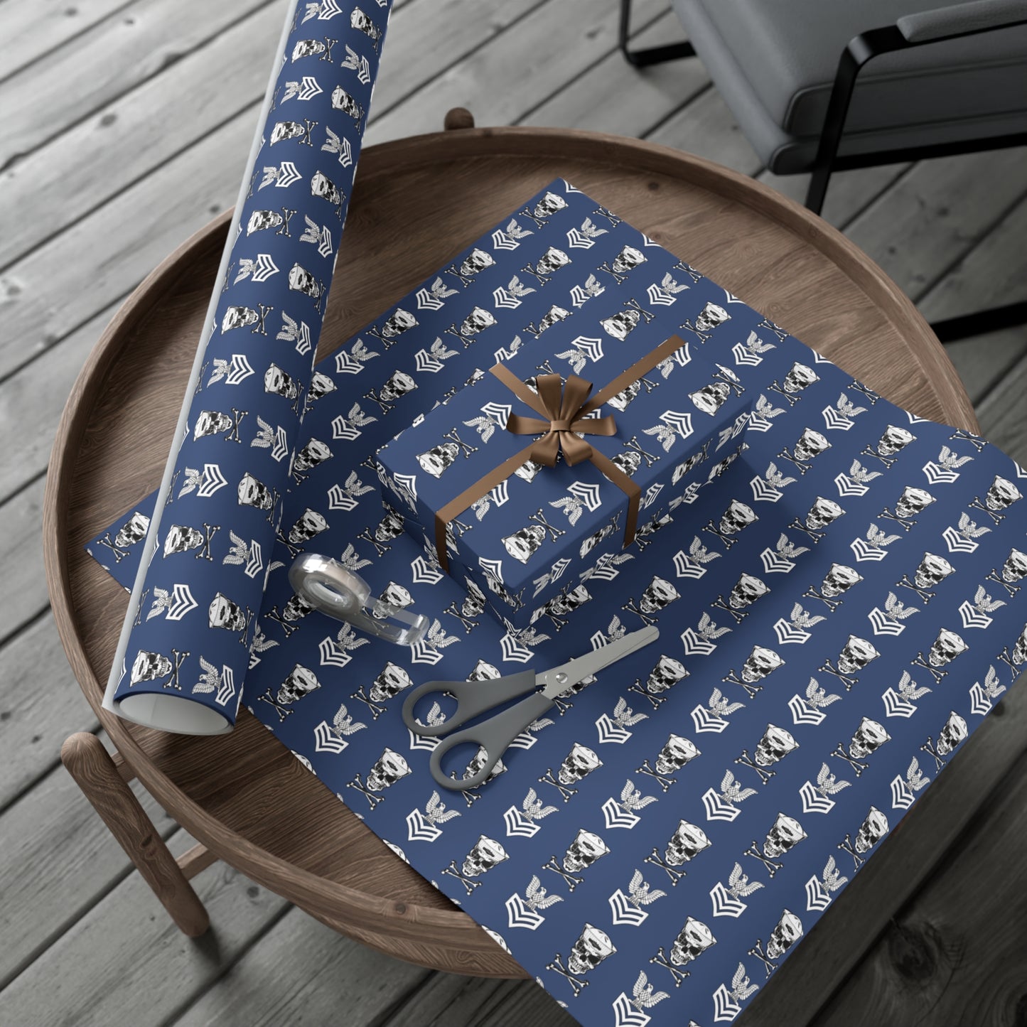 United States Navy FCPO Skull Crossbones First Class Sailor with Naval Dolphins Blue Gift Wrap Papers