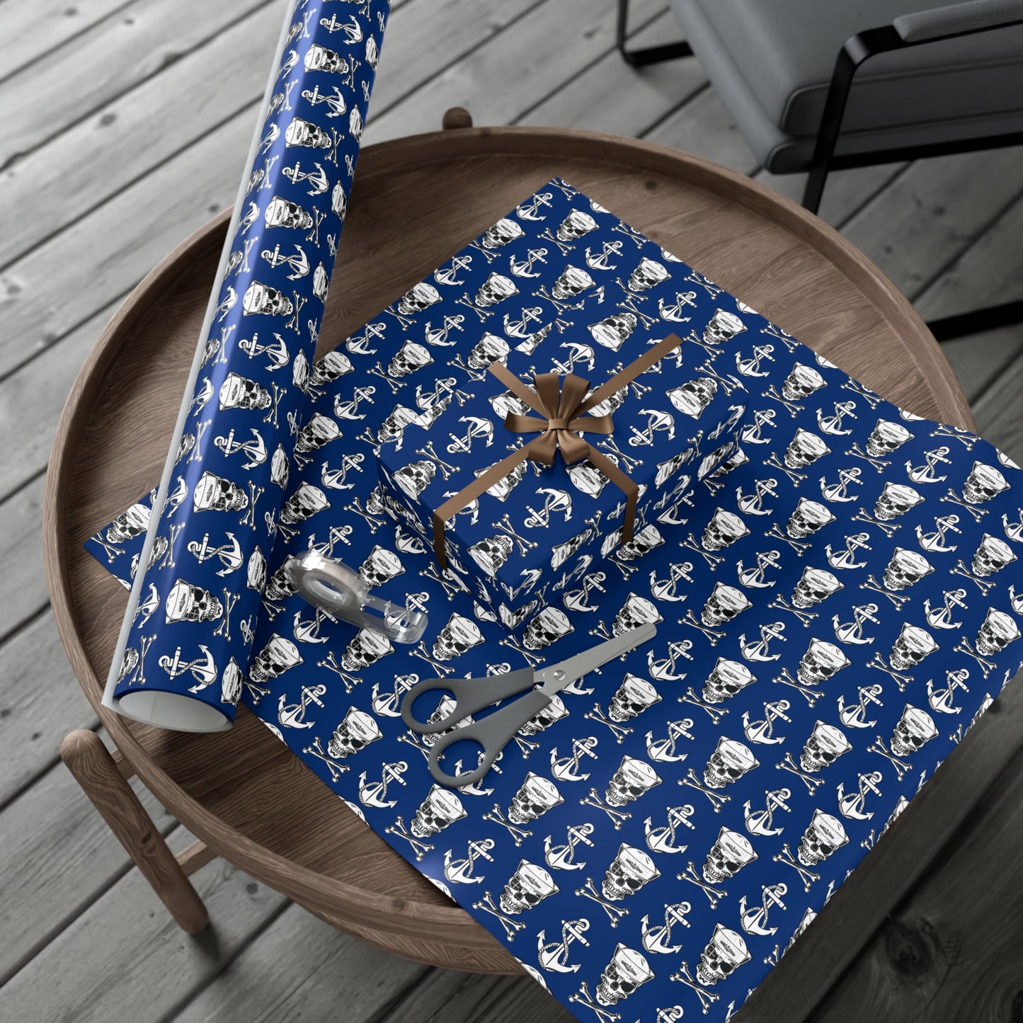 US Navy Submarine Force Sailor Skull Crossbones Wearing Dolphins with Anchors Blue Gift Wrap Papers