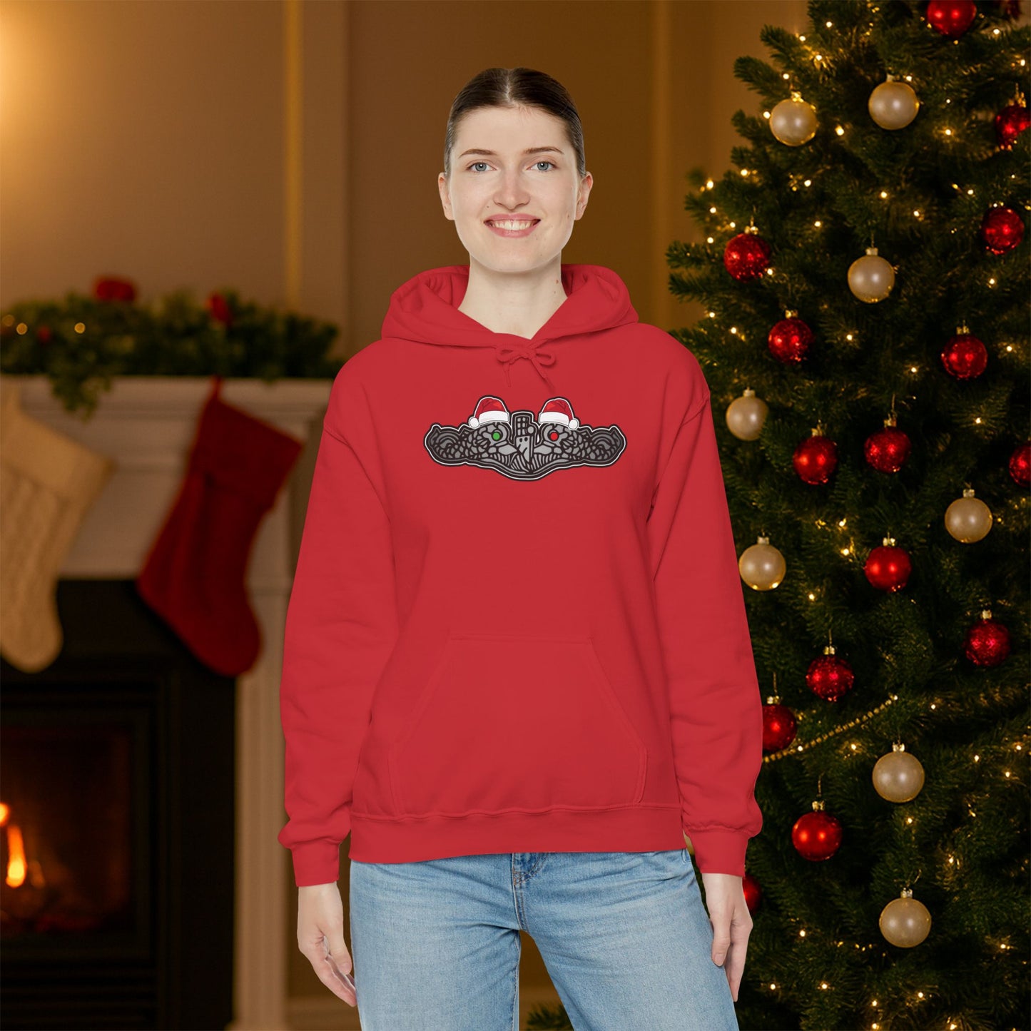 United States Submarine Force Silver Dolphins Christmas Hats with Red and Green Eyes Unisex Heavy Blend™ Hooded Sweatshirt