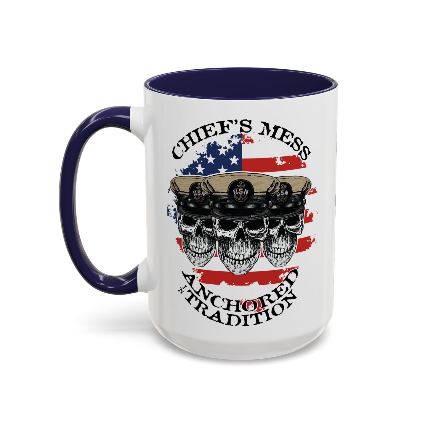 US Navy Chief's Mess Anchored Tradition CPO Sailor Skulls with Distressed USA Flag Accent Coffee Mugs