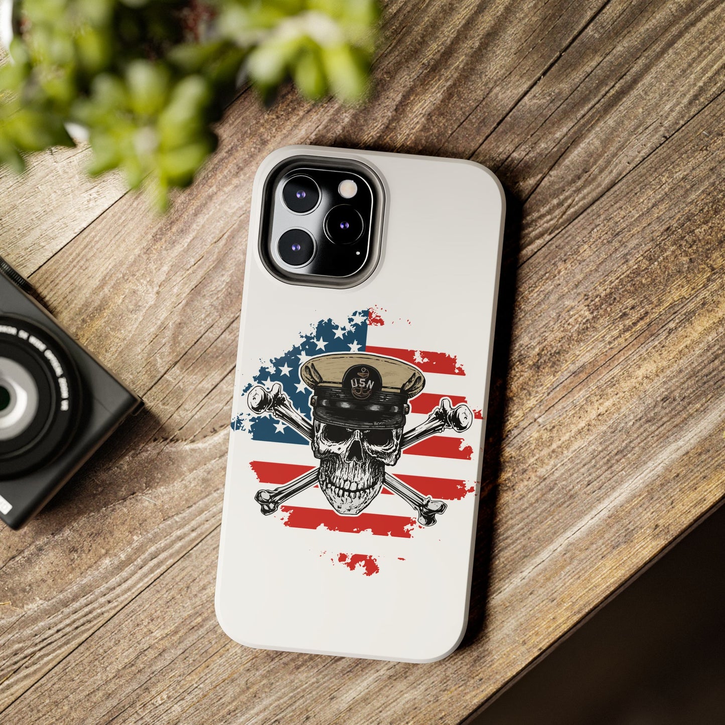 Naval Chief Skull & Crossbones on American Flag White Tough iPhone Case
