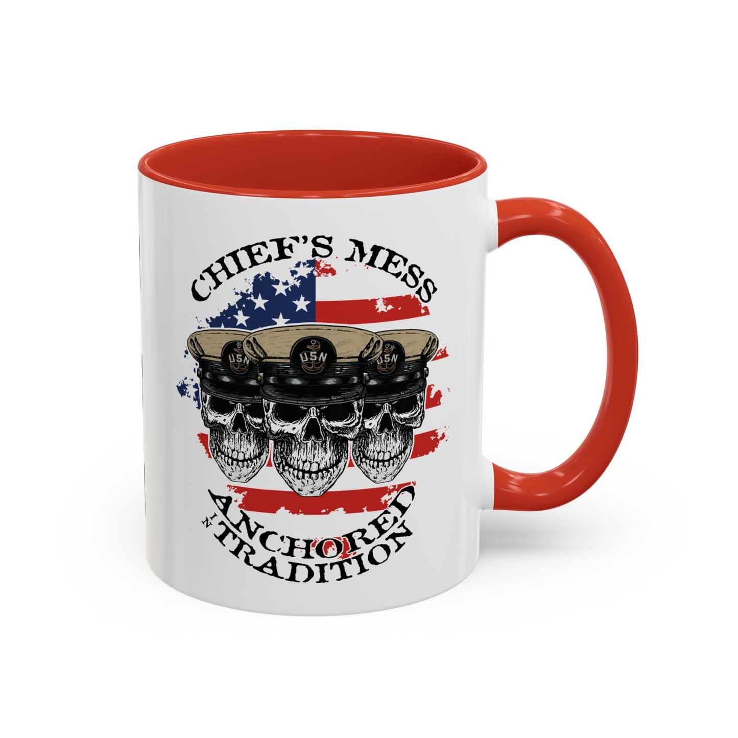 US Navy Chief's Mess Anchored Tradition CPO Sailor Skulls with Distressed USA Flag Accent Coffee Mugs