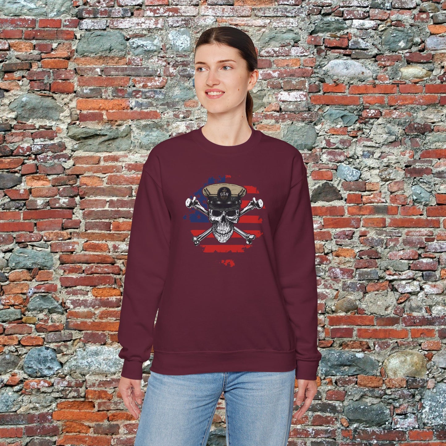Naval Chief Skull & Crossbones CPO on Distressed American Flag Unisex Heavy Blend™ Crewneck Sweatshirt