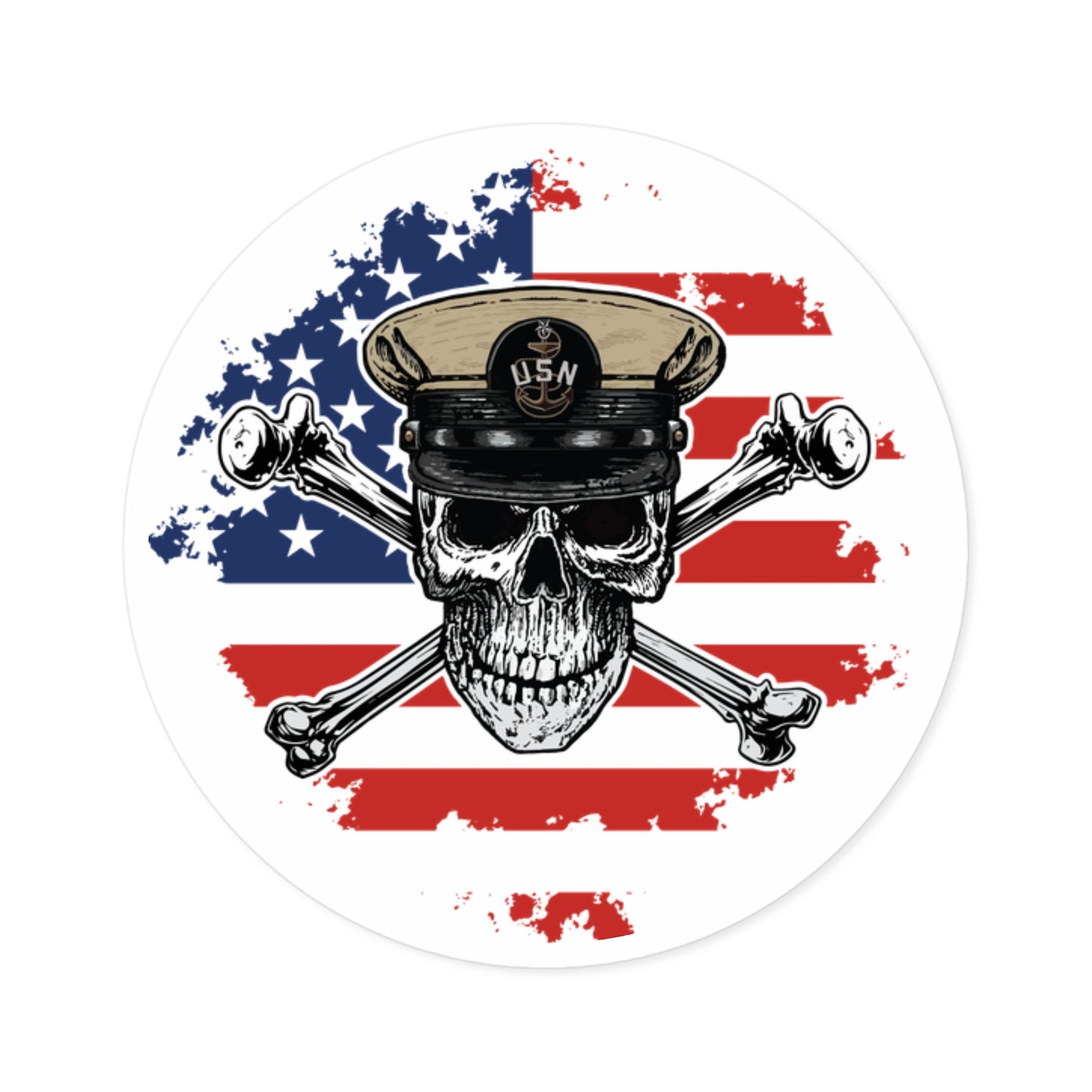 Naval Senior Chief SCPO Skull & Crossbones on American Flag Round Sticker