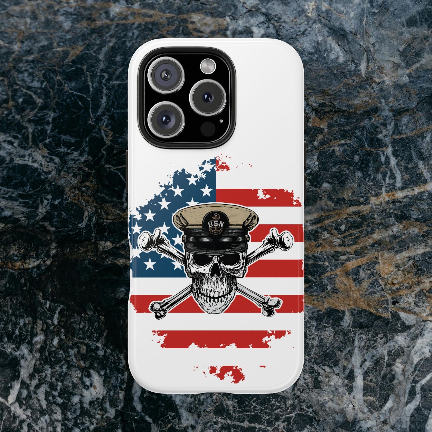 Naval Chief Skull & Crossbones on American Flag White Tough iPhone Case