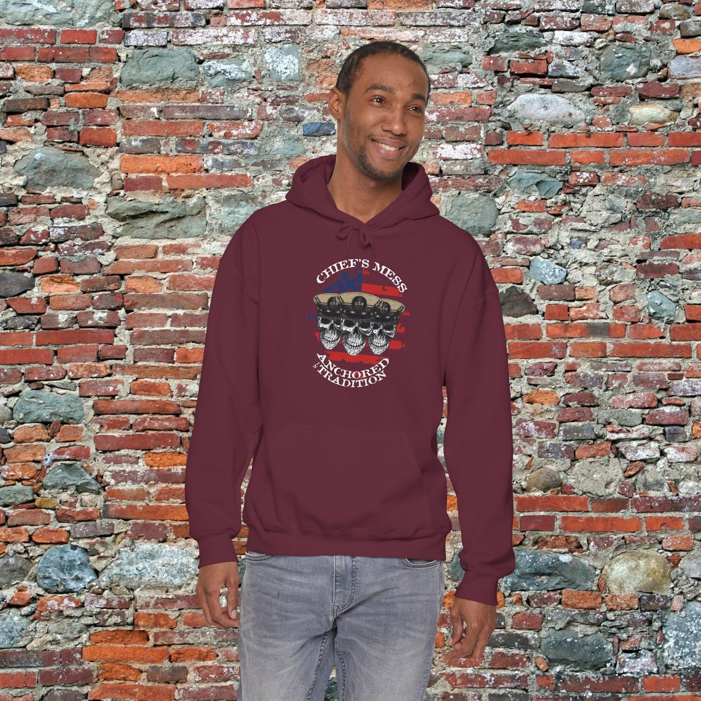 Chief's Mess Anchored Tradition CPO Sailor Skulls on Distressed USA Flag Unisex Heavy Blend™ Hooded Sweatshirt