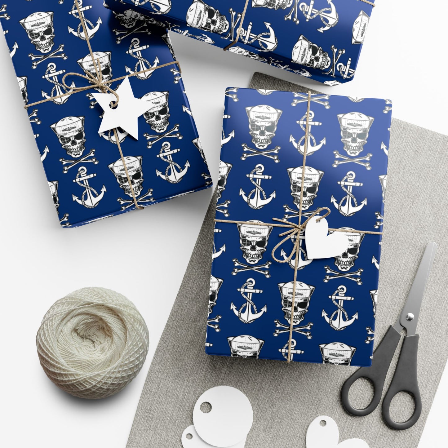 US Navy Submarine Force Sailor Skull Crossbones Wearing Dolphins with Anchors Blue Gift Wrap Papers