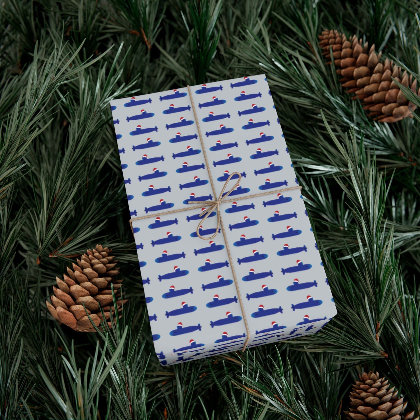 United States Navy Submarine Force Santa Hat on Blue Mini Submarines Silver Gift Wrap Papers