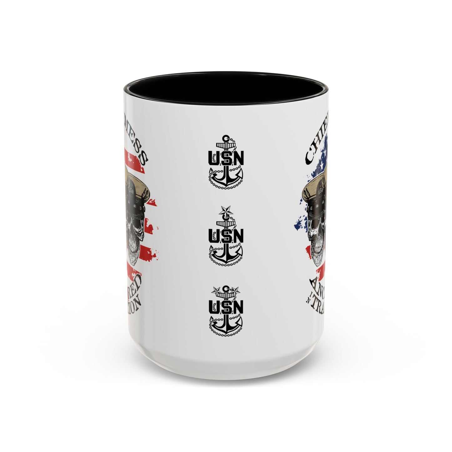 US Navy Chief's Mess Anchored Tradition CPO Sailor Skulls with Distressed USA Flag Accent Coffee Mugs