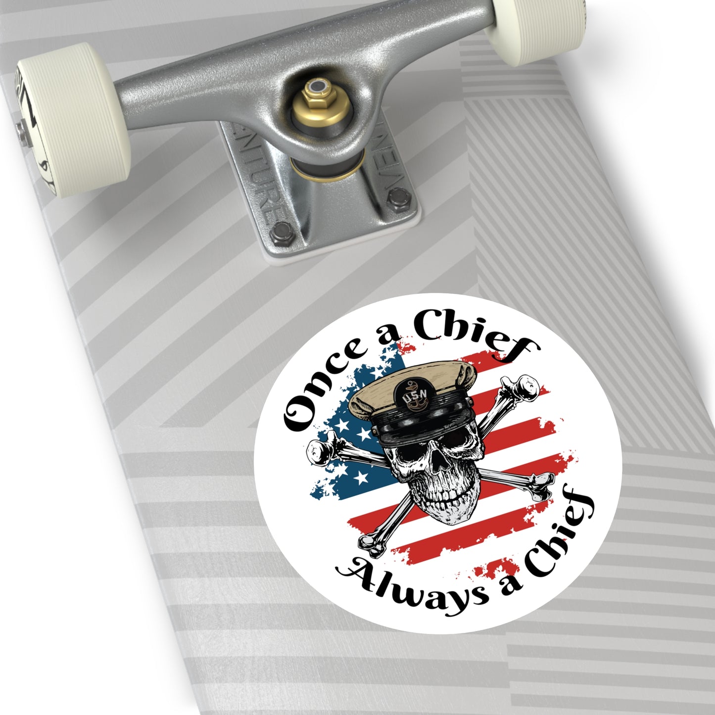 US Navy Once a Chief CPO Skull & Crossbones Sailor on Distressed USA Flag Round Sticker