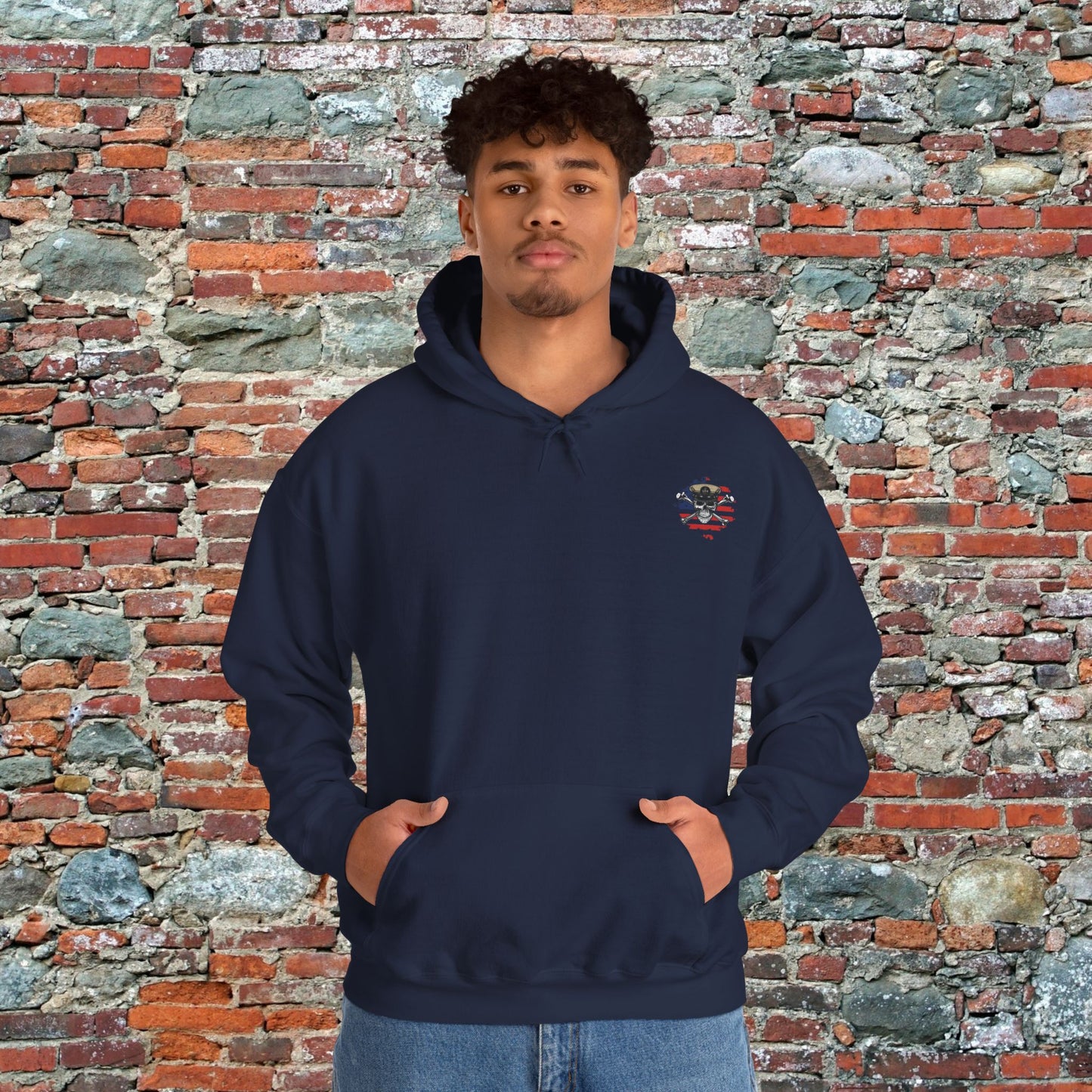 United States Retired CPO Skull Crossbones Chief Petty Officer on Distressed American Flag Mini Front Unisex Heavy Blend™ Hooded Sweatshirt