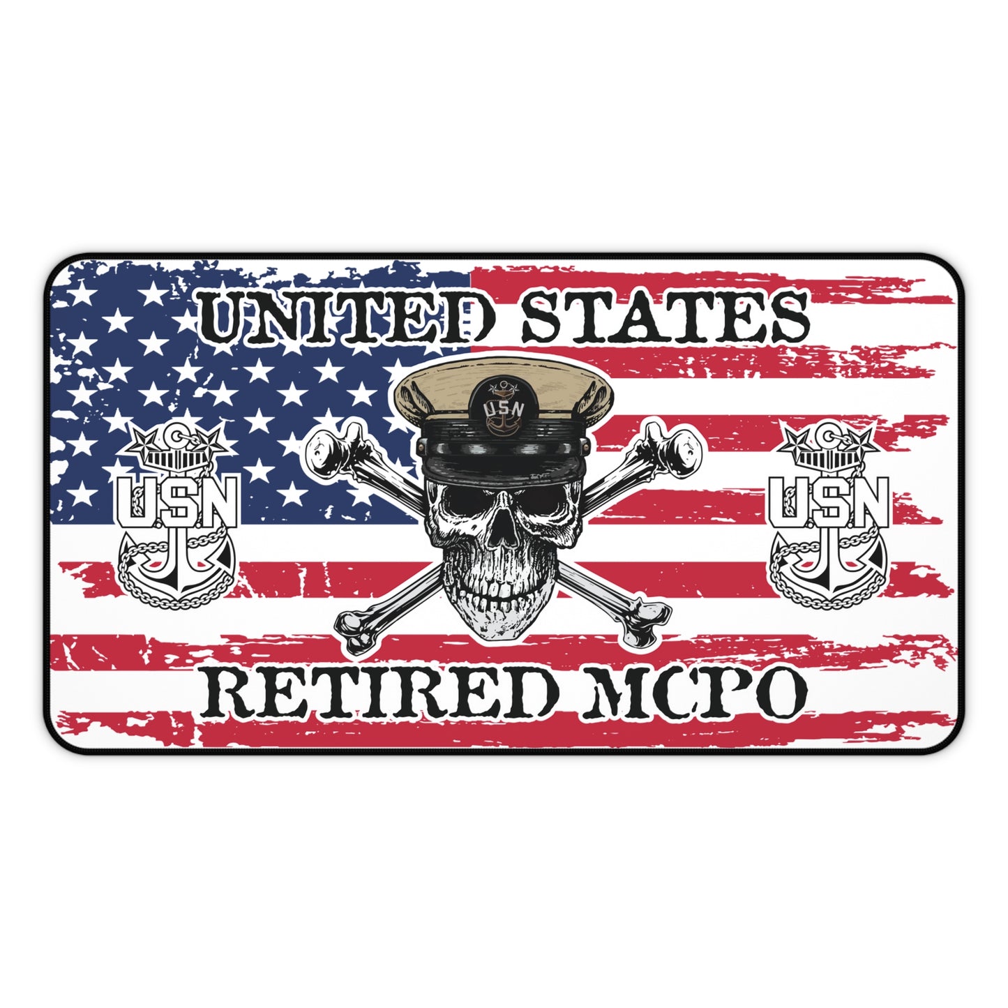 US Retired Master Chief Skull Crossbones with Distressed American Flag Desk Mat