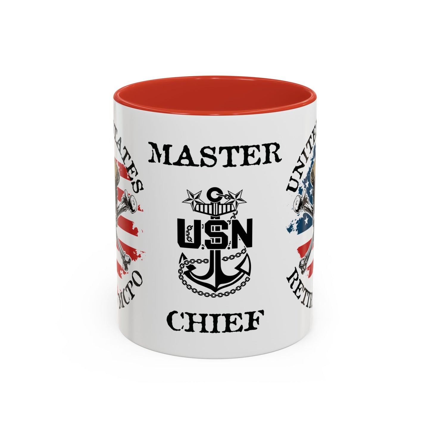 United States Navy Retired MCPO Skull Crossbones Master Chief Petty Officer Anchor with Distressed USA Flag Accent Coffee Mugs