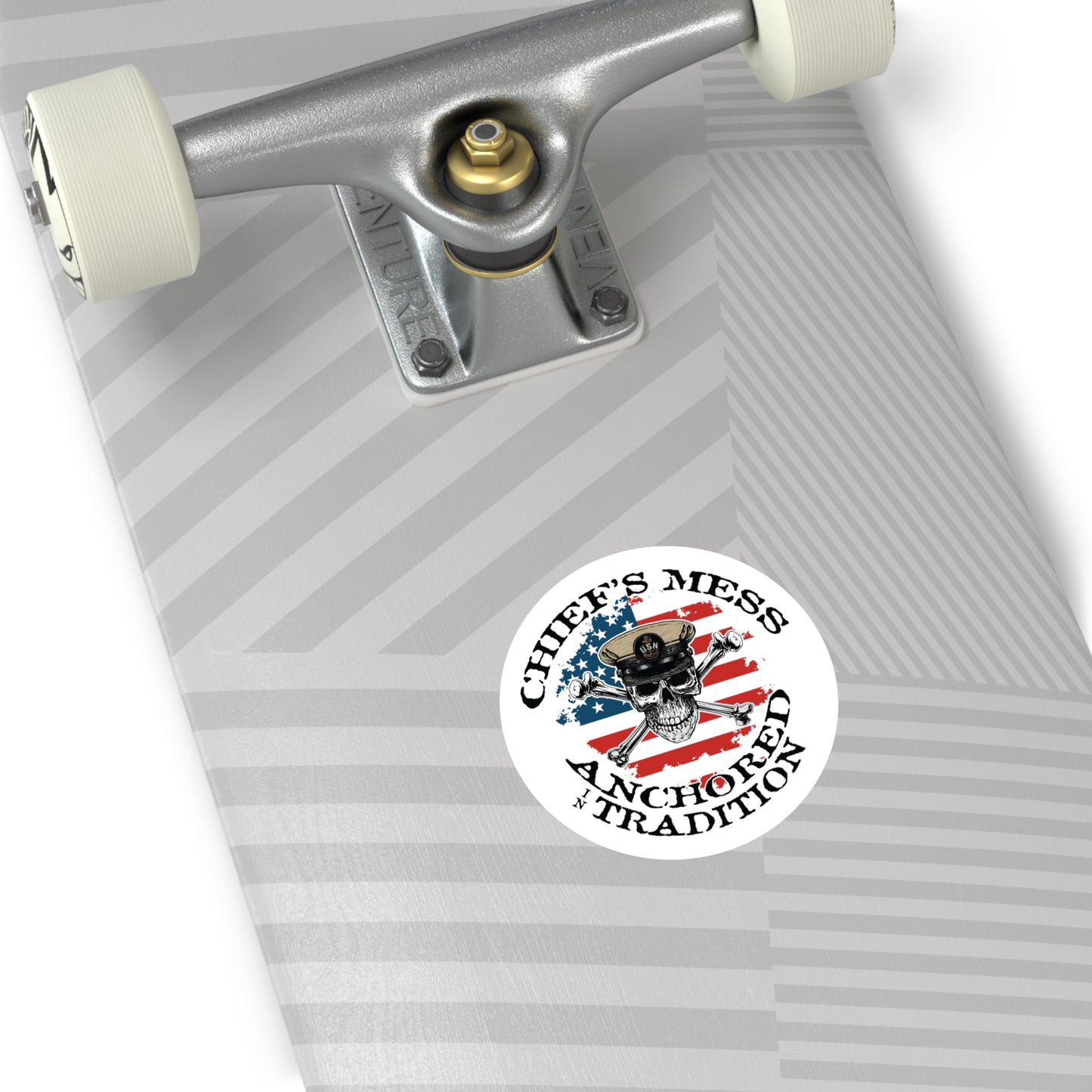 Chief's Mess Anchored Tradition Skull Crossbones on Distressed USA Flag Round Sticker