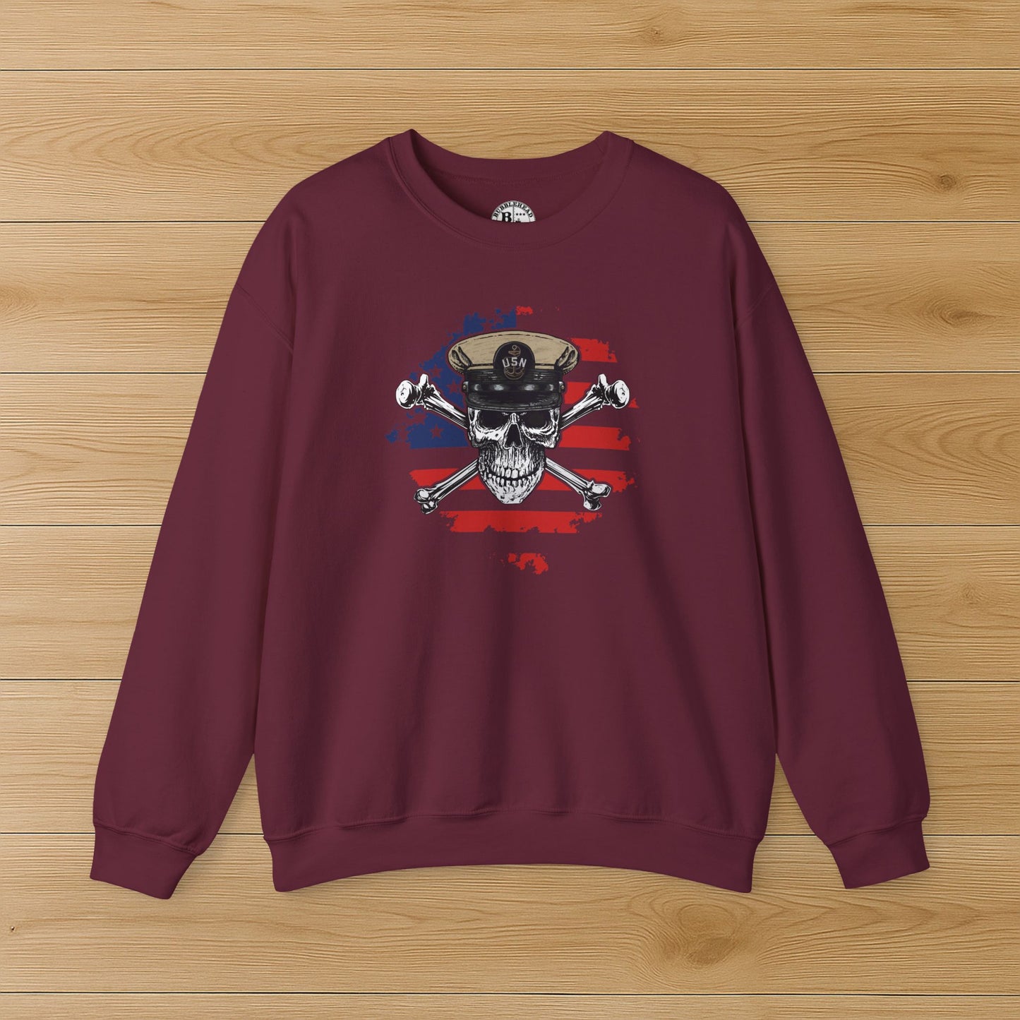 Naval Chief Skull & Crossbones CPO on Distressed American Flag Unisex Heavy Blend™ Crewneck Sweatshirt
