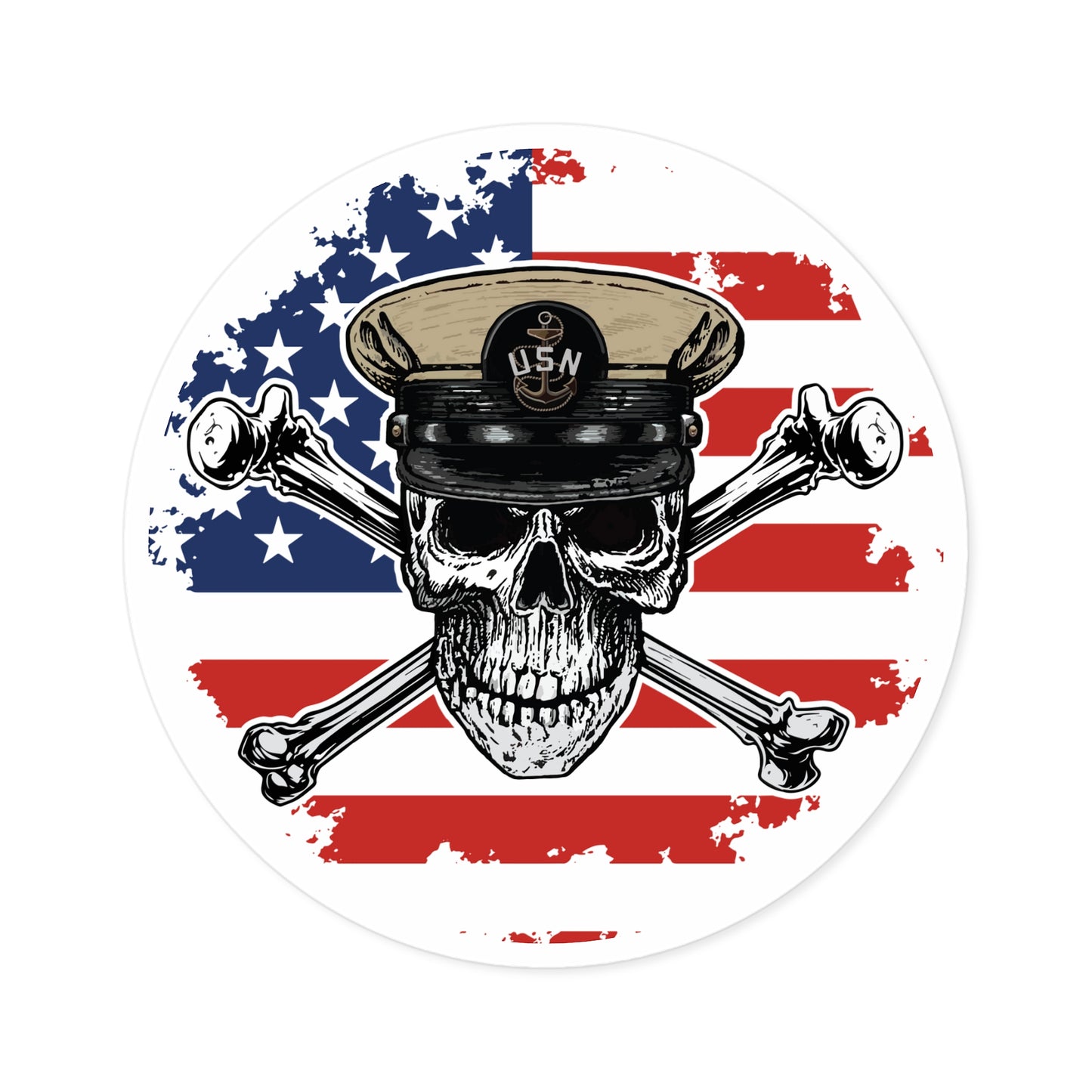 Naval Chief CPO Skull & Crossbones on American Flag Round Sticker