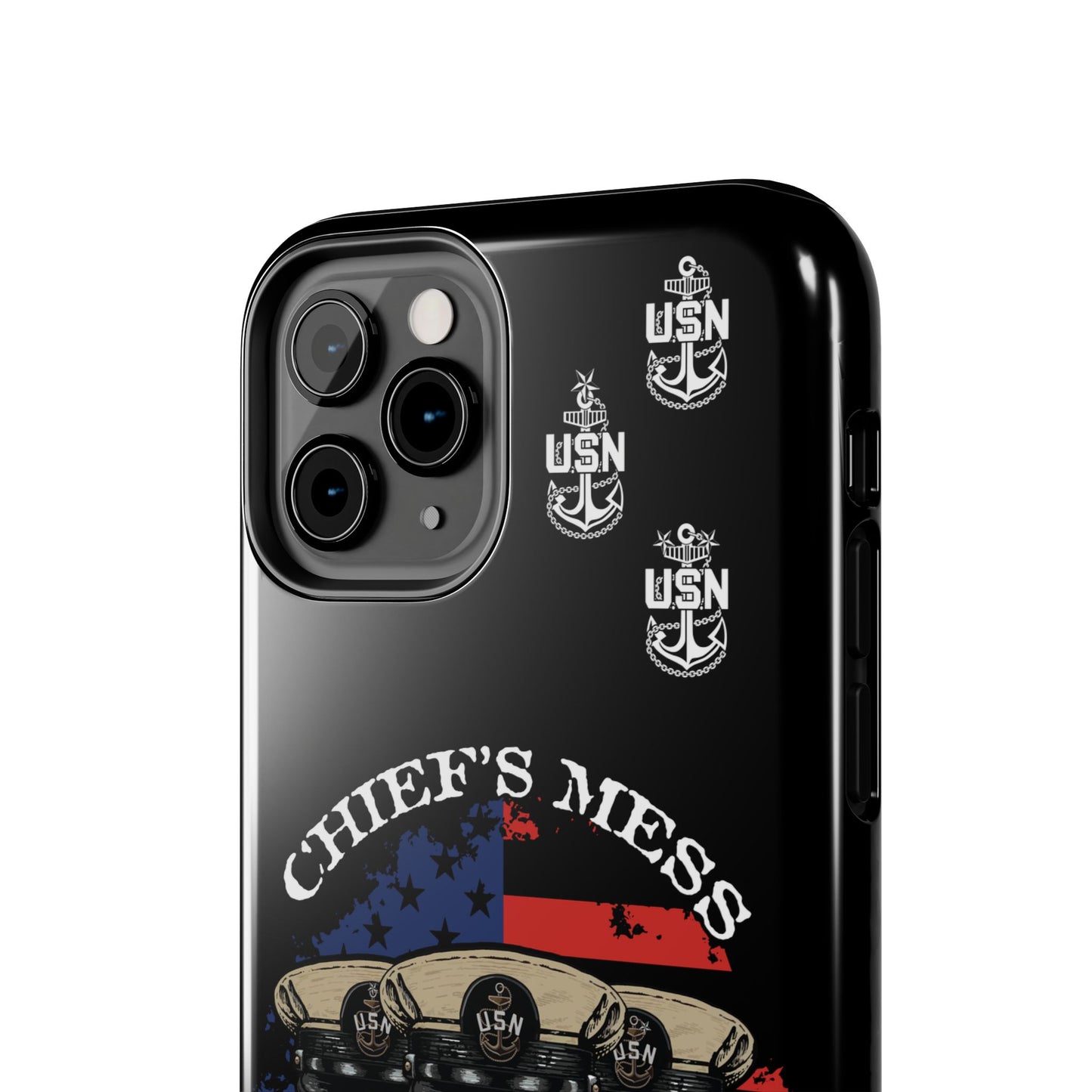 Chief's Mess Anchored Tradition CPO Sailor Skulls on Distressed USA Flag Black Tough iPhone Case