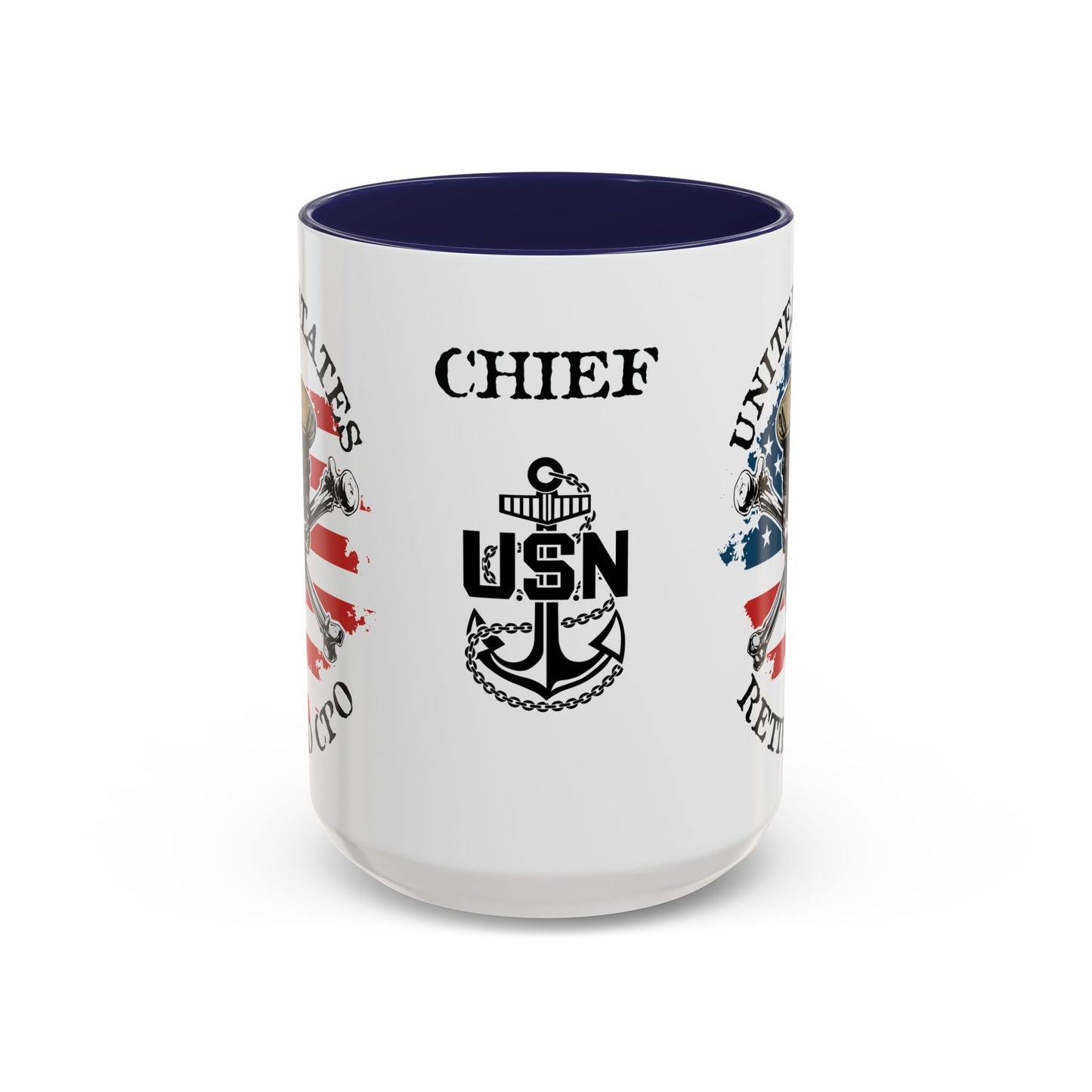 United States Navy Retired CPO Skull Crossbones Chief Petty Officer Anchor with Distressed USA Flag Accent Coffee Mugs