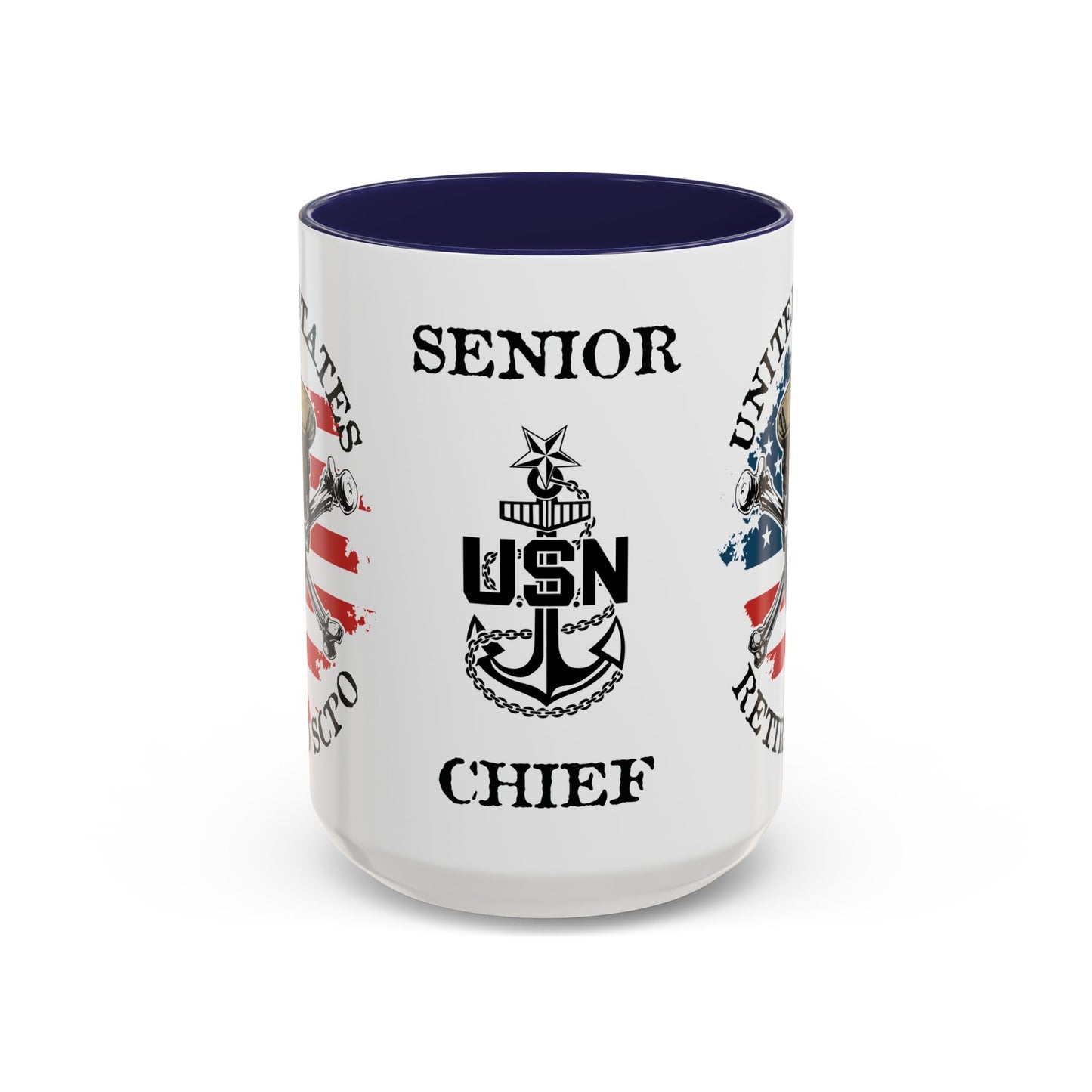 United States Navy Retired SCPO Skull Crossbones Senior Chief Petty Officer Anchor with Distressed USA Flag Accent Coffee Mugs