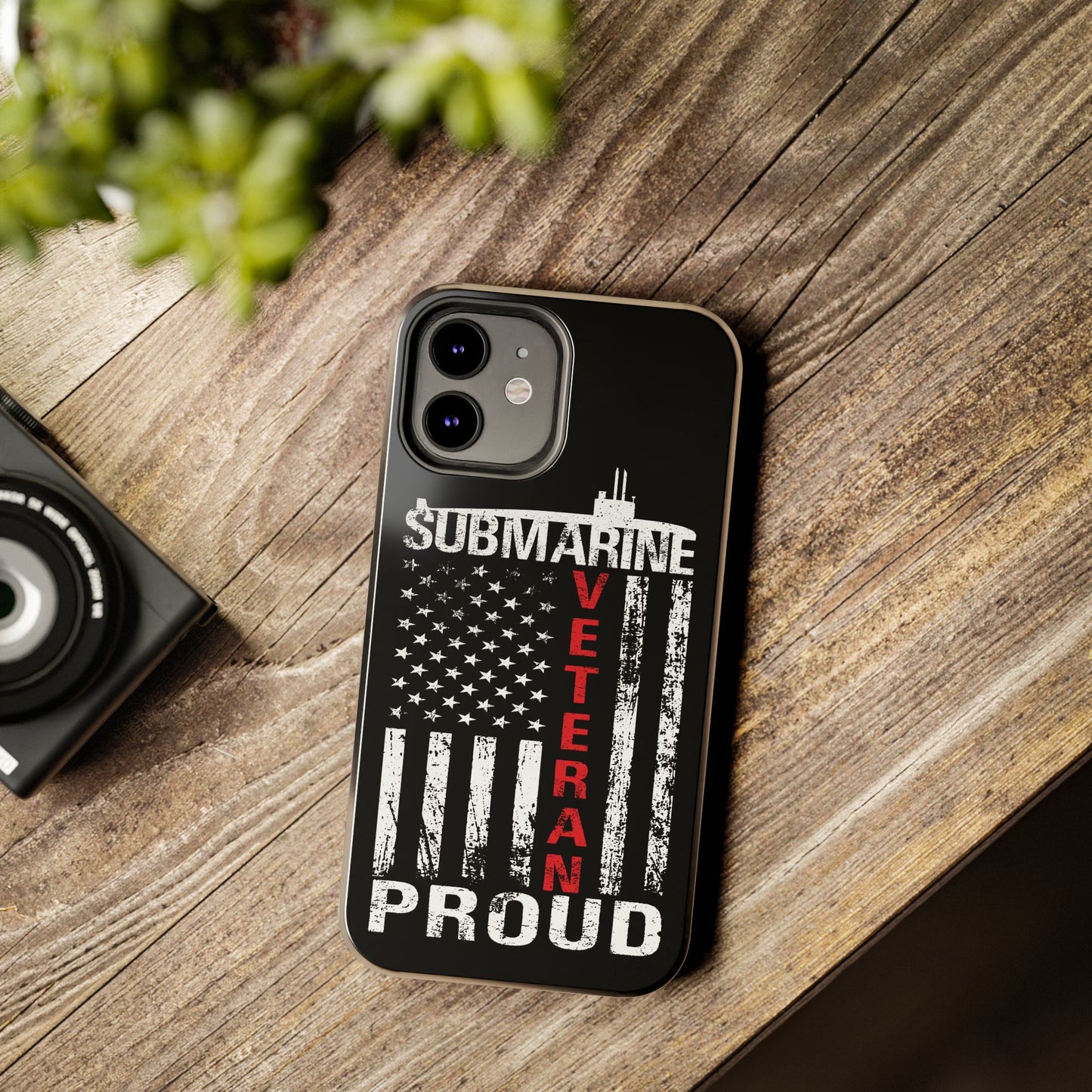 U.S. Submarine Veteran Proud Distressed White USA Flag Black Tough iPhone Case