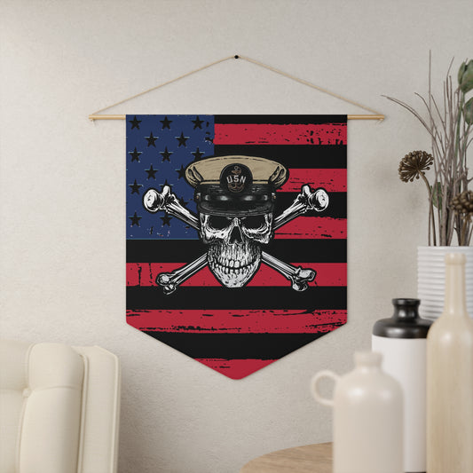 United States Chief Petty Officer Skull & Crossbones on Distressed Blackout USA Flag Pennant