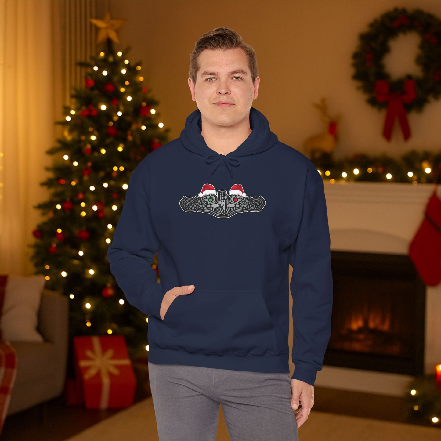 United States Submarine Force Silver Dolphins Christmas Hats with Red and Green Eyes Unisex Heavy Blend™ Hooded Sweatshirt