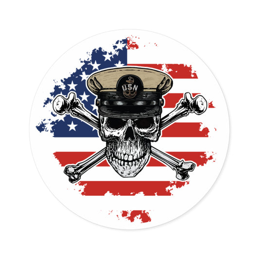 Naval Chief CPO Skull & Crossbones on American Flag Round Sticker
