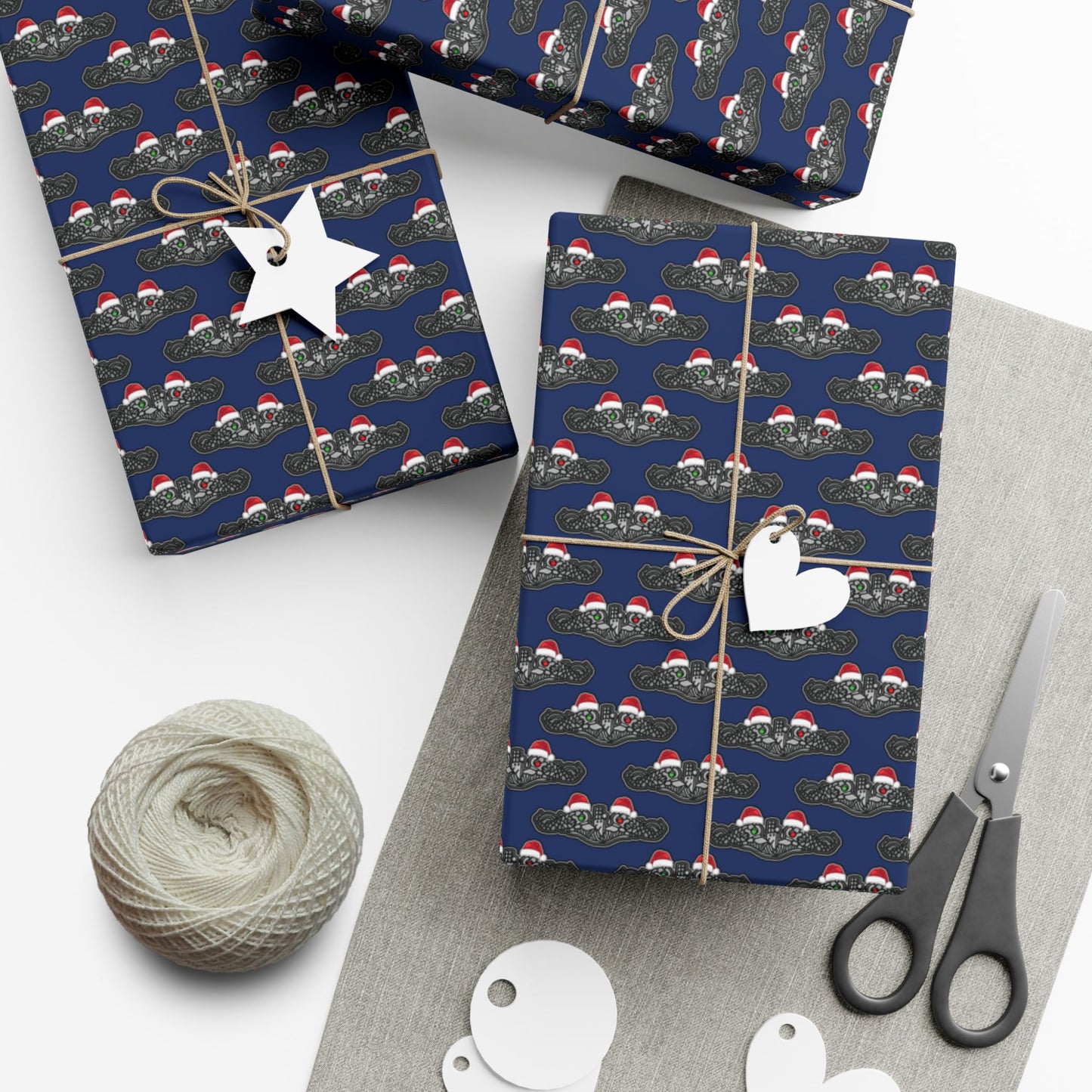 United States Navy Submarine Force Silver Enlisted Dolphins Christmas Hats with Red and Green Eyes Blue Gift Wrap Papers