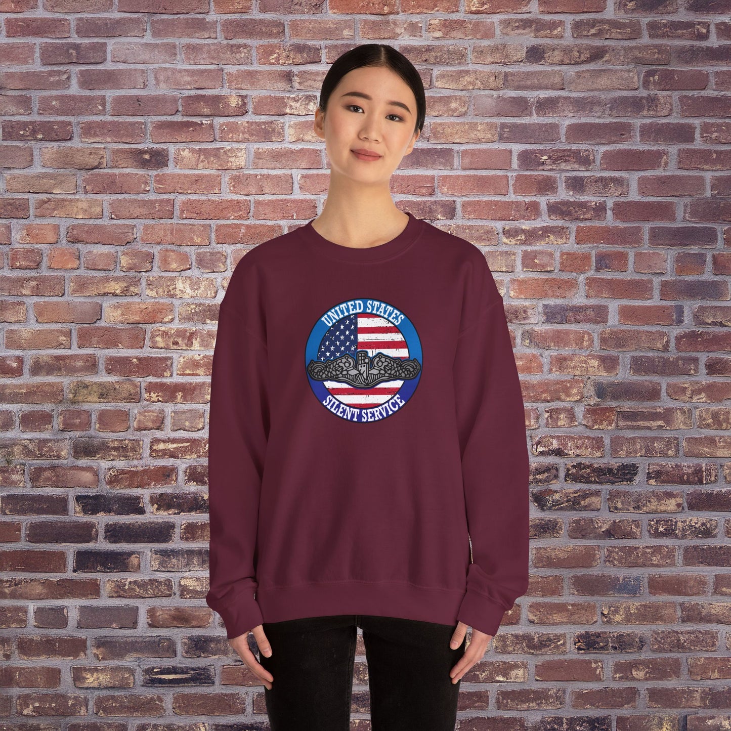 United States Silent Service Submarine Force Silver Dolphins on Distressed American Flag Unisex Heavy Blend™ Crewneck Sweatshirt