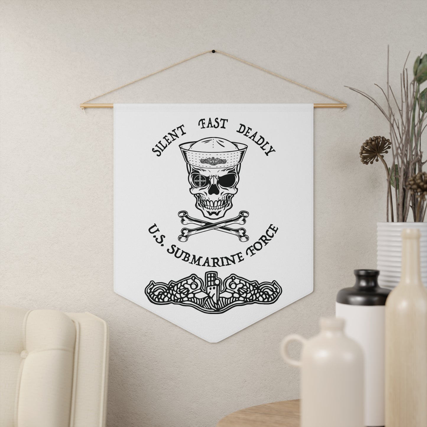 US Navy Submarine Force Skull and Crossbones Sailor with Dolphins on White Pennant
