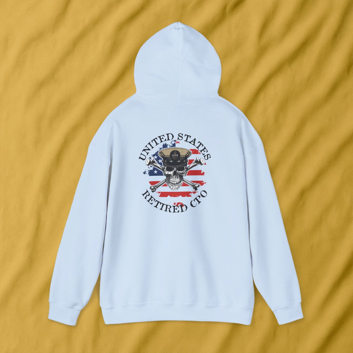 United States Retired CPO Skull Crossbones Chief Petty Officer on Distressed American Flag Mini Front Unisex Heavy Blend™ Hooded Sweatshirt
