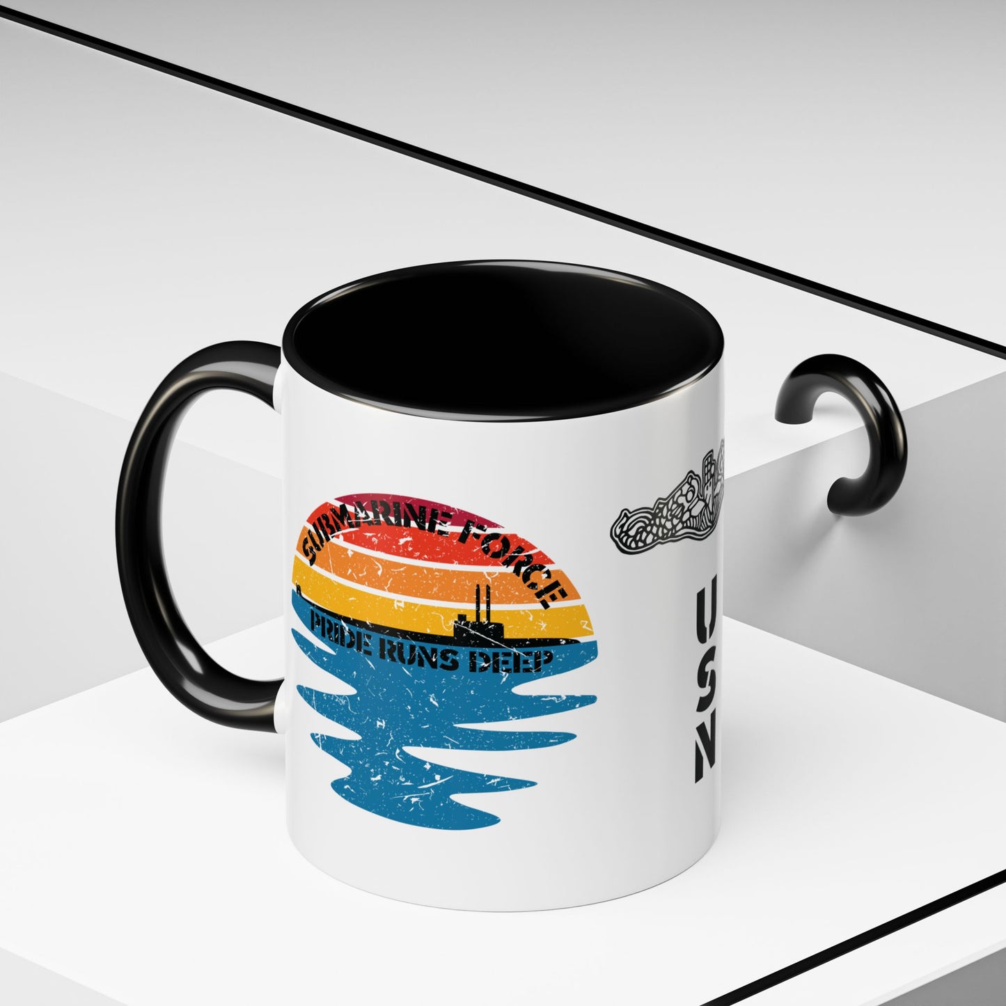 Sunrise United States Navy Submarine Force Pride Runs Deep Distressed Accent Coffee Mugs