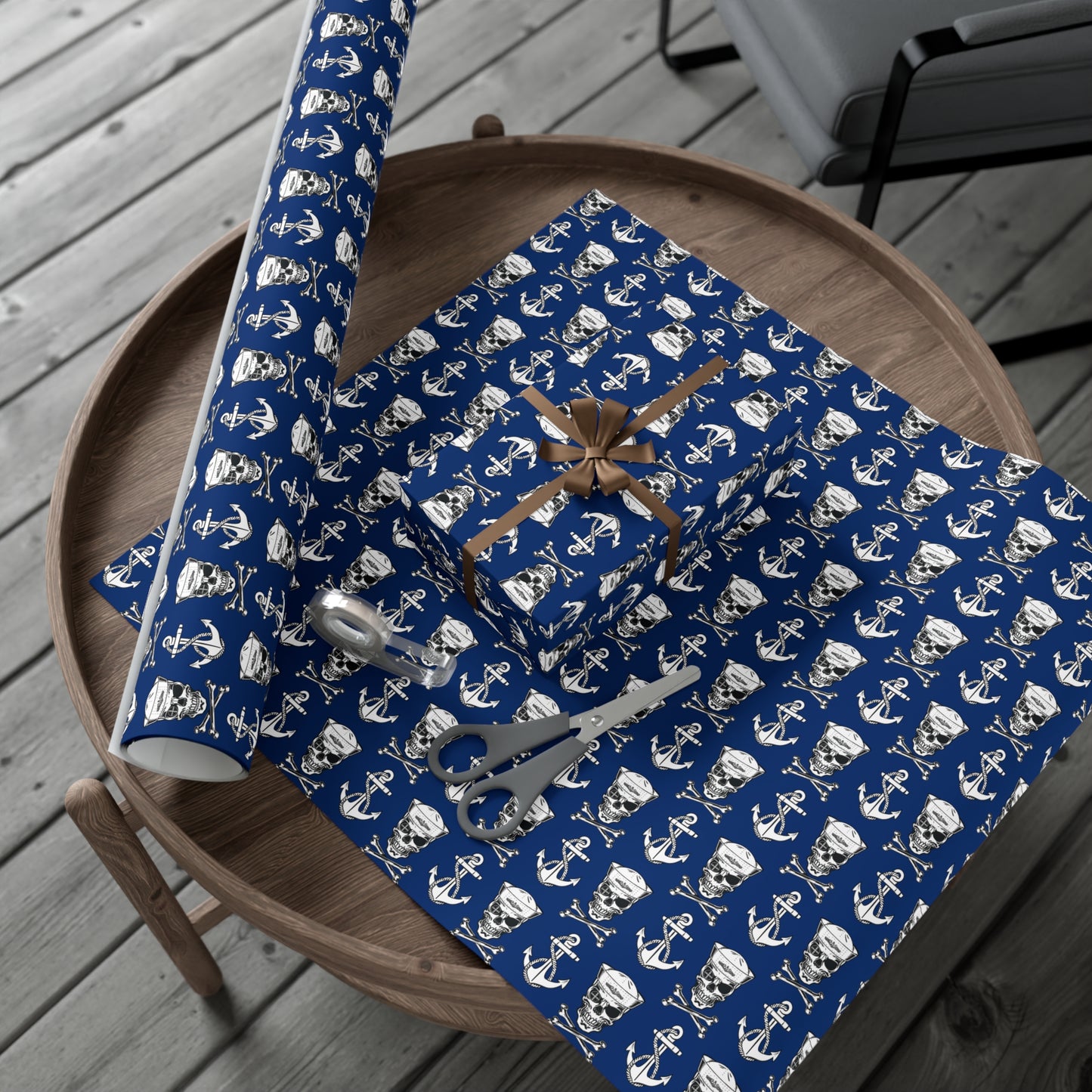 US Navy Submarine Force Sailor Skull Crossbones Wearing Dolphins with Anchors Blue Gift Wrap Papers