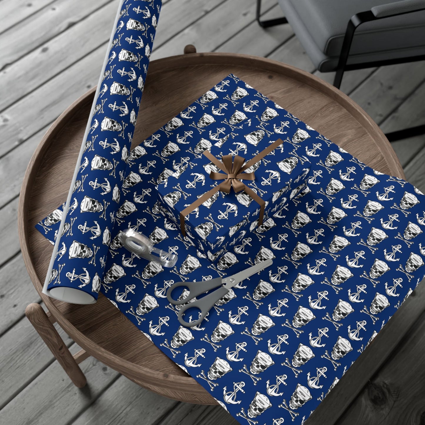US Navy Submarine Force Sailor Skull Crossbones Wearing Dolphins with Anchors Blue Gift Wrap Papers