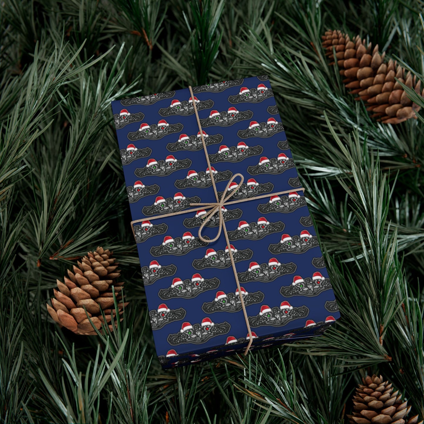 United States Navy Submarine Force Silver Enlisted Dolphins Christmas Hats with Red and Green Eyes Blue Gift Wrap Papers