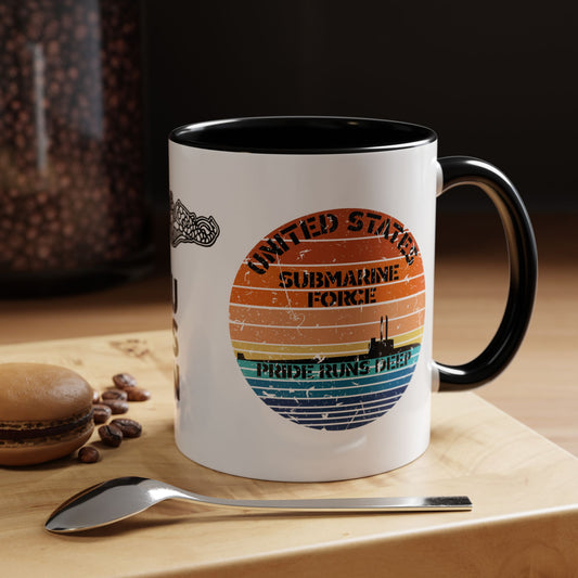 Sunset United States Navy Submarine Force Pride Runs Deep Distressed Accent Coffee Mugs