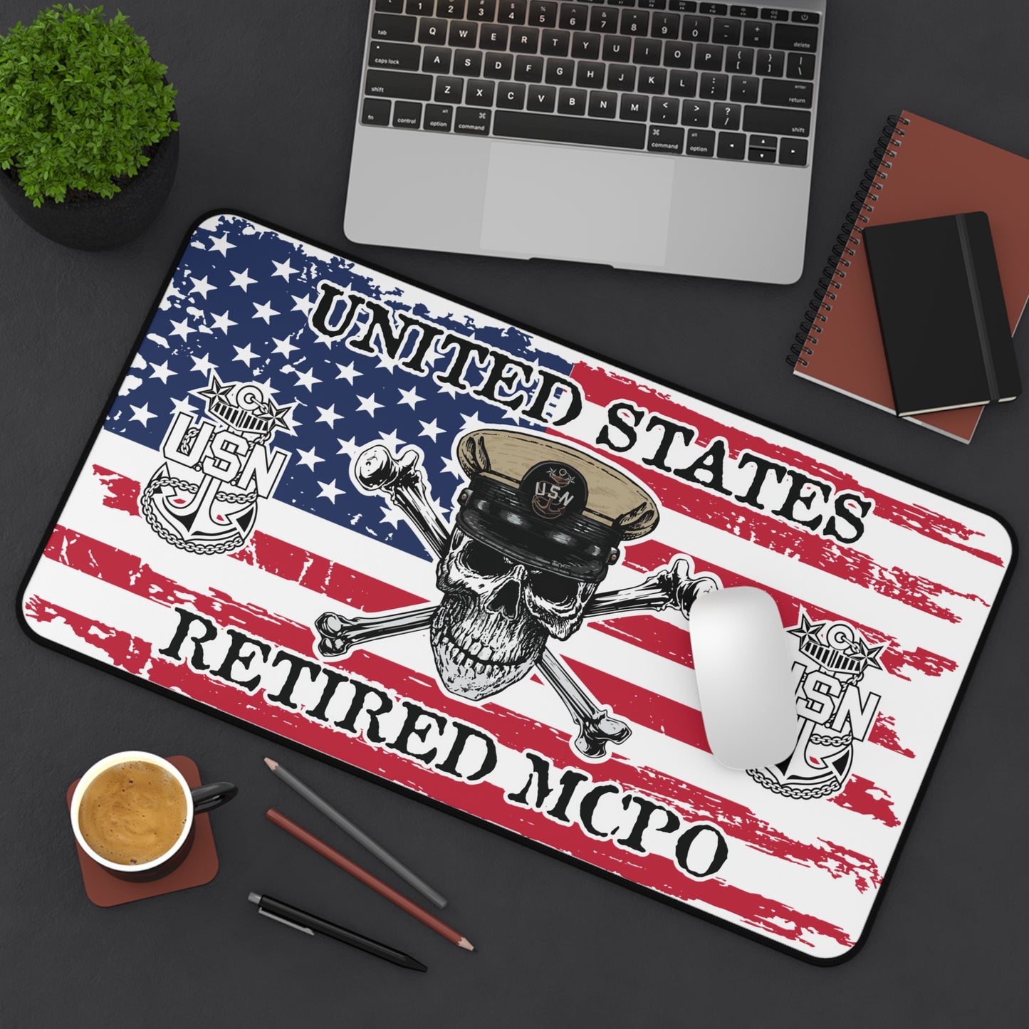 US Retired Master Chief Skull Crossbones with Distressed American Flag Desk Mat