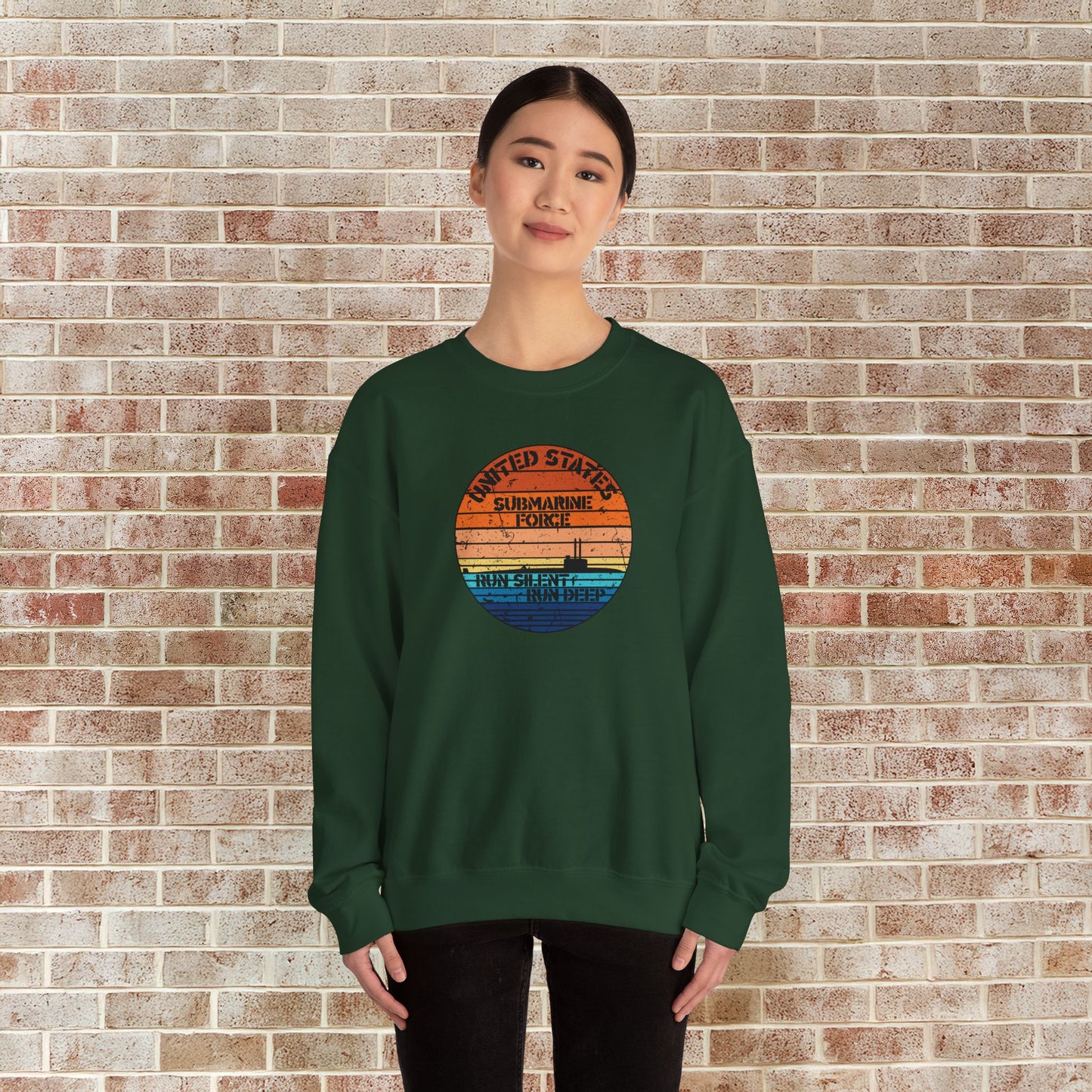 Sunset United States Navy Submarine Force Run Silent Deep Distressed Vintage Unisex Heavy Blend™ Crewneck Sweatshirt