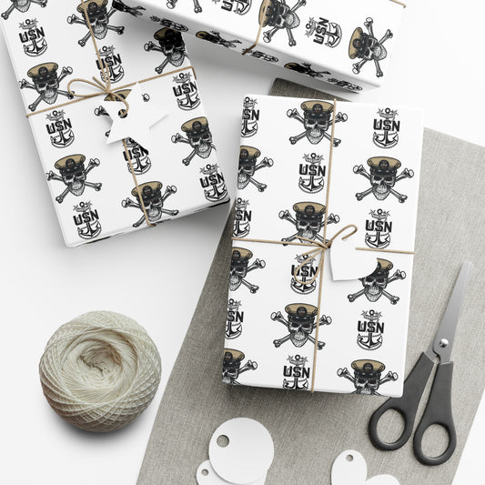 US Navy Master Chief Petty Officer Skull & Crossbones with MCPO Anchors White Gift Wrap Papers