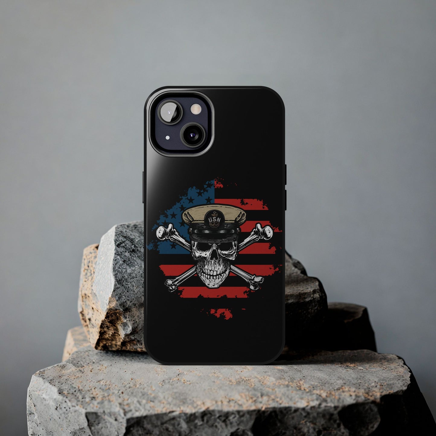 Naval Chief Skull & Crossbones on American Flag Black Tough iPhone Case