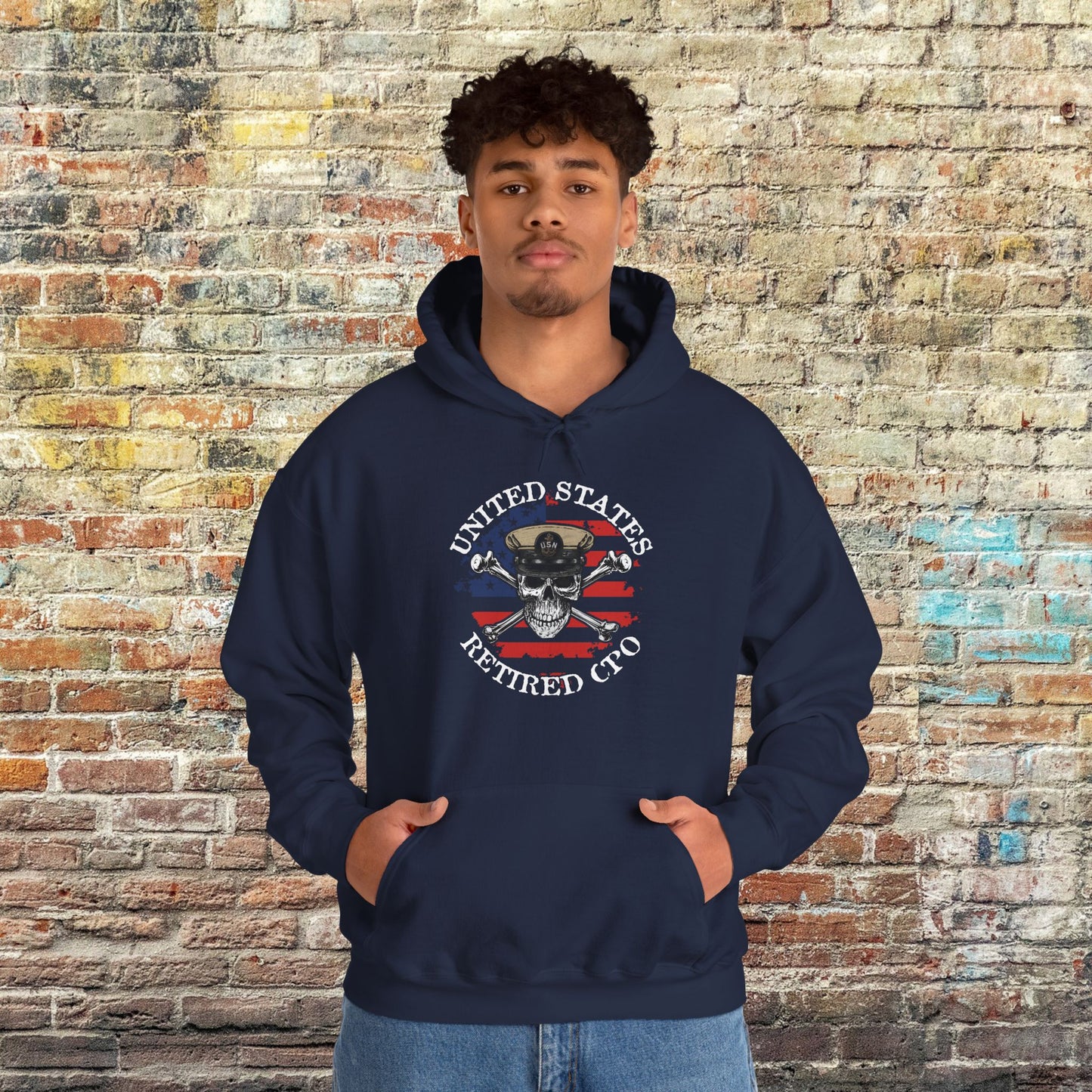 United States Retired CPO Skull Crossbones Chief Petty Officer with Distressed American Flag Unisex Heavy Blend™ Hooded Sweatshirt