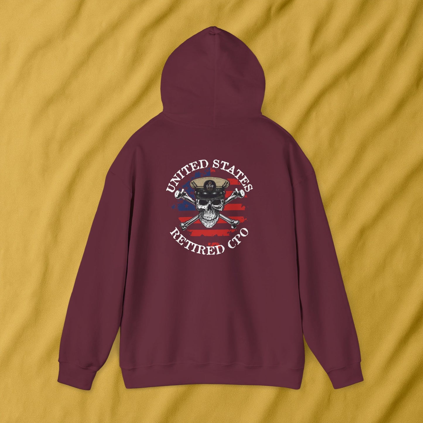 United States Retired CPO Skull Crossbones Chief Petty Officer on Distressed American Flag Mini Front Unisex Heavy Blend™ Hooded Sweatshirt